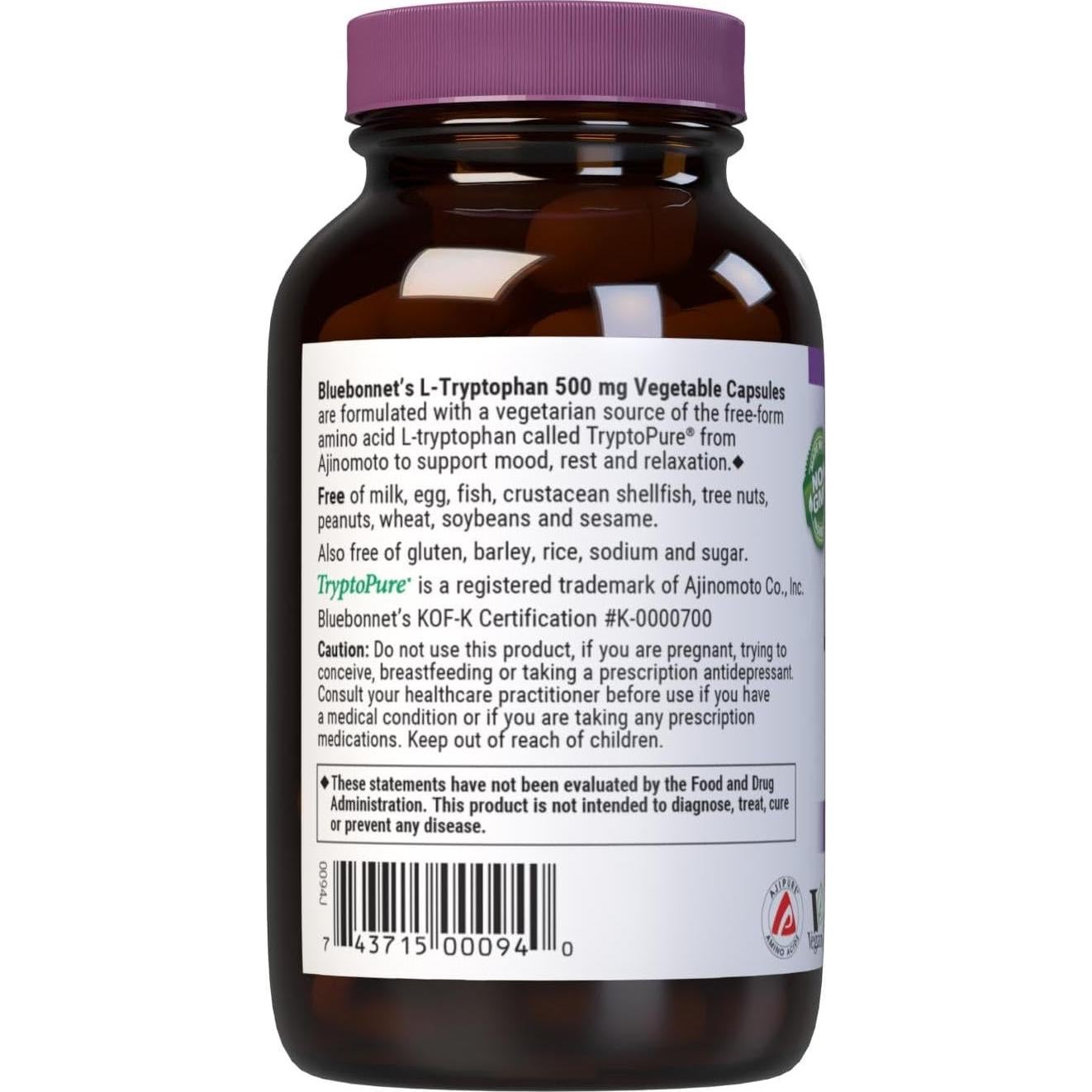 L-Triptófano 500mg Bluebonnet 60 Cápsulas Vegetales Vegano