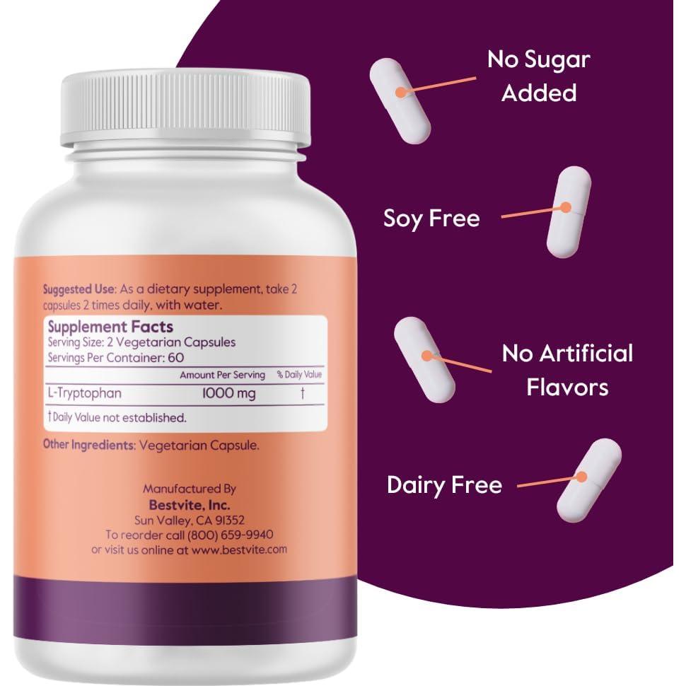 Suplemento L-Triptófano 500mg Bestvite - 240 Cápsulas Veganas