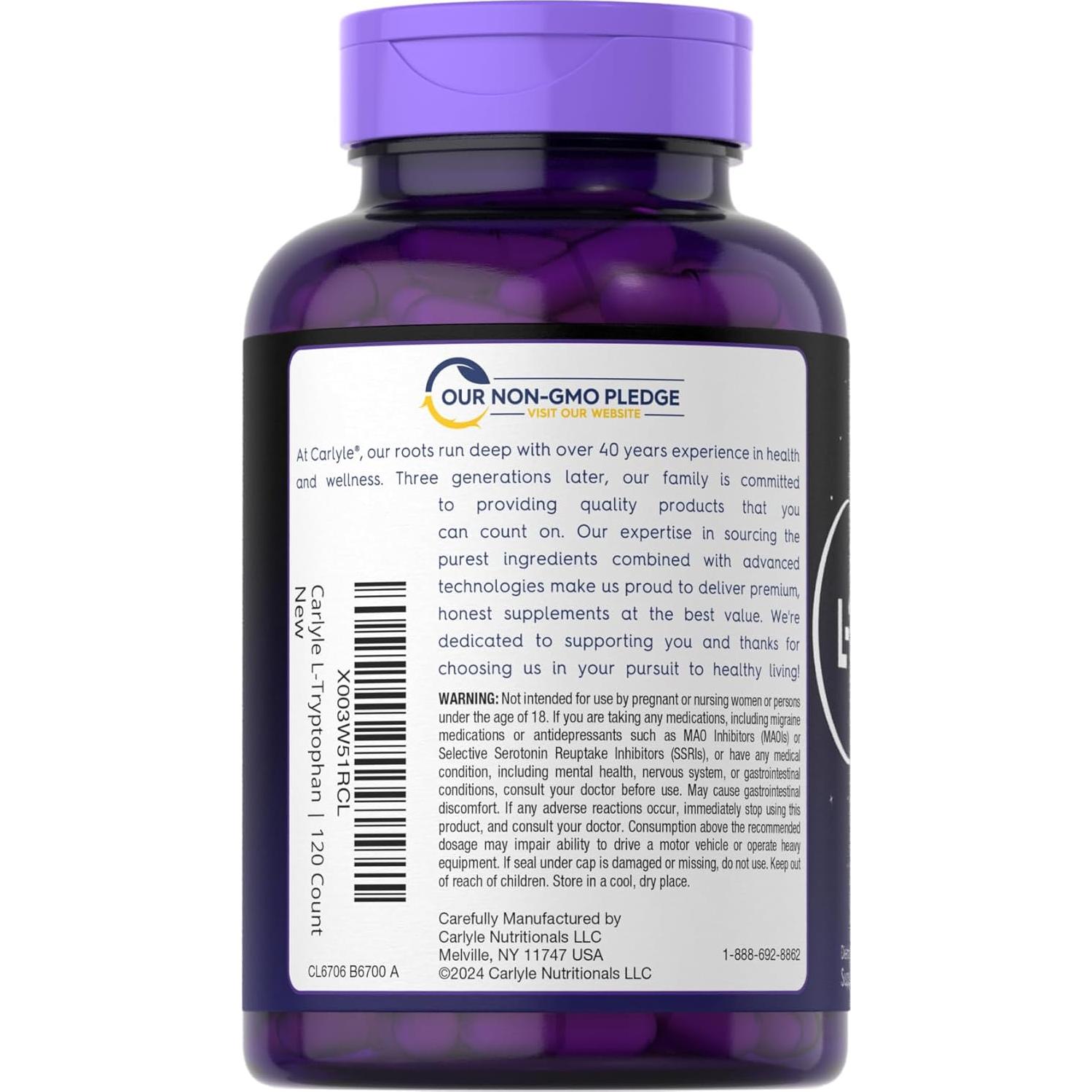 Carlyle L-Triptófano 500mg | 120 Cápsulas | Suplemento Aminoácidos