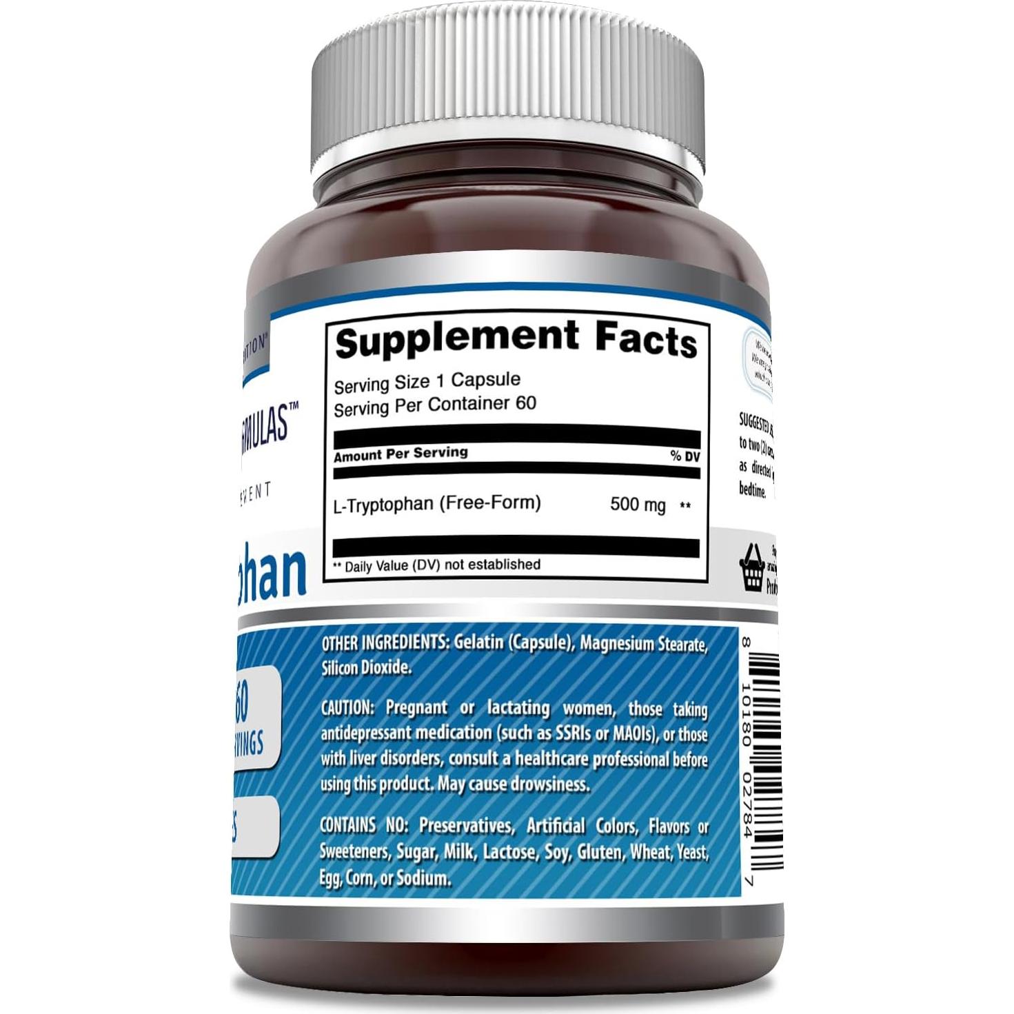 Suplemento L-Triptófano 500 Mg Fórmulas Asombrosas 60 Cápsulas