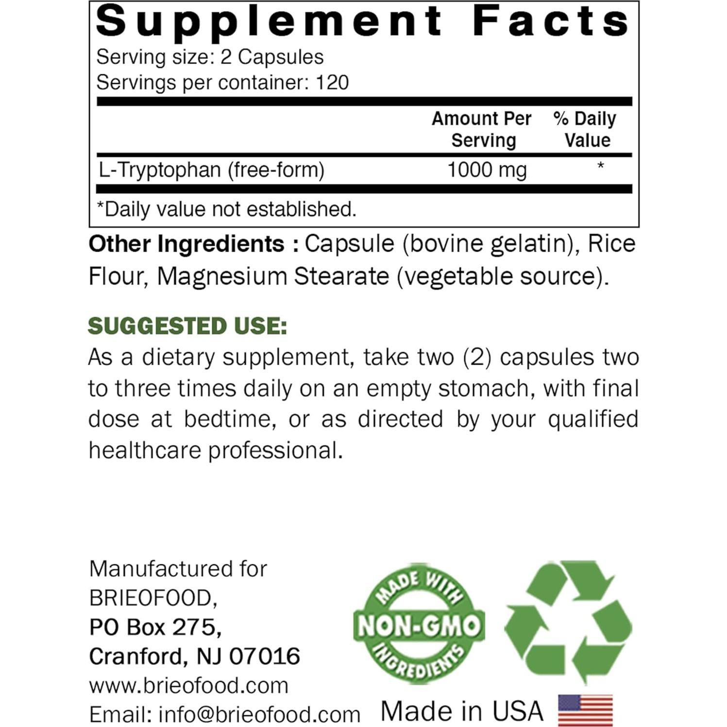 Brieofood L-Triptófano 1000mg - 240 Cápsulas - Apoyo Estado de Ánimo