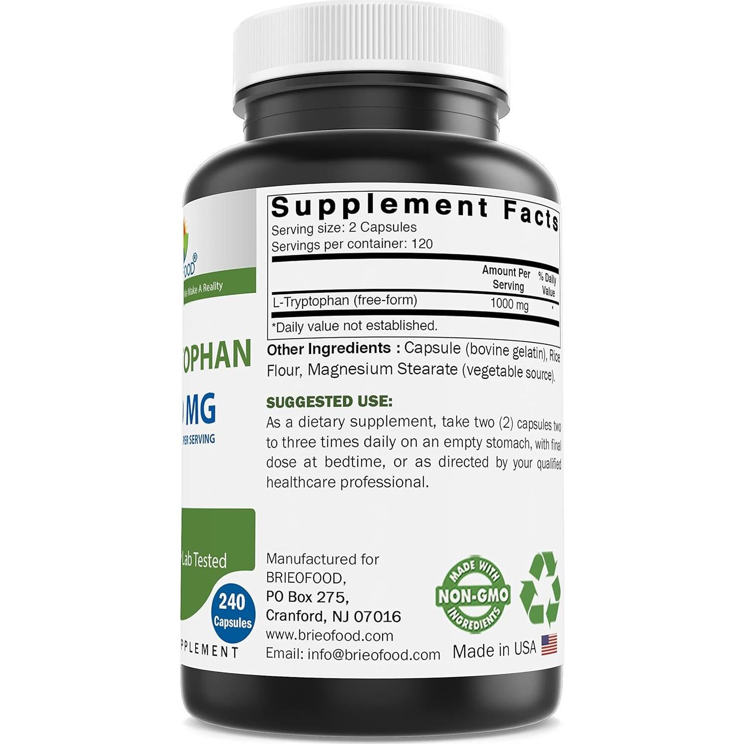Brieofood L-Triptófano 1000mg - 240 Cápsulas - Apoyo Estado de Ánimo