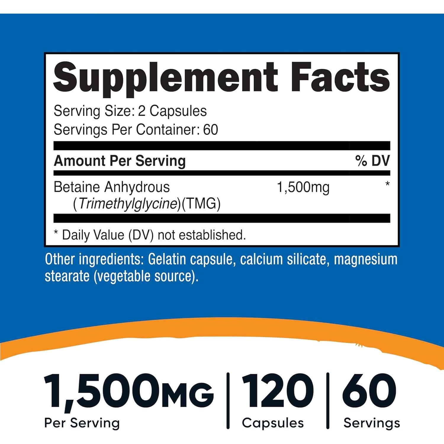Cápsulas de Betaína Anhidra Nutricost 120 unidades 750mg