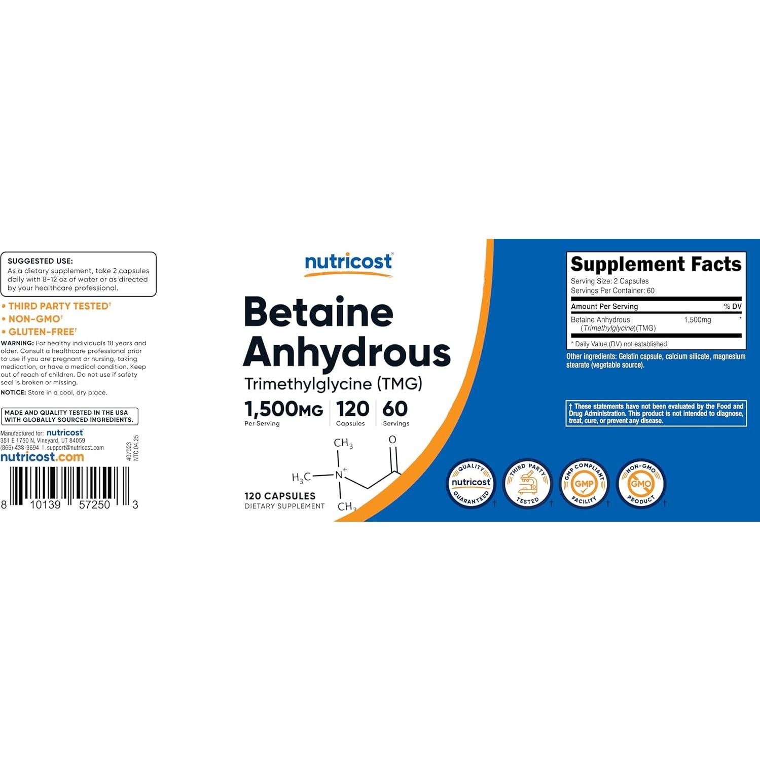 Cápsulas de Betaína Anhidra Nutricost 120 unidades 750mg