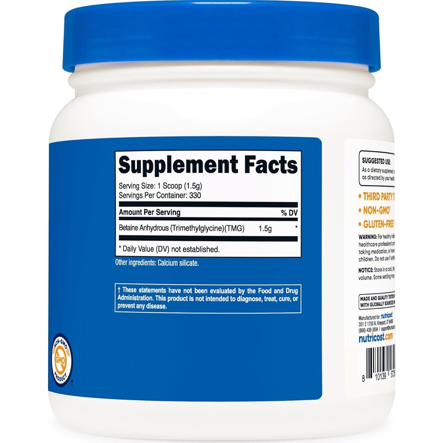 Polvo de Betaína Anhidra Trimetilglicina Nutricost 500g