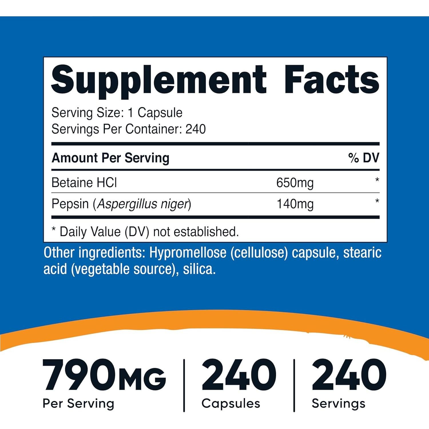 Nutricost Betaína HCl + Pepsina 790mg - 240 Cápsulas Vegetales