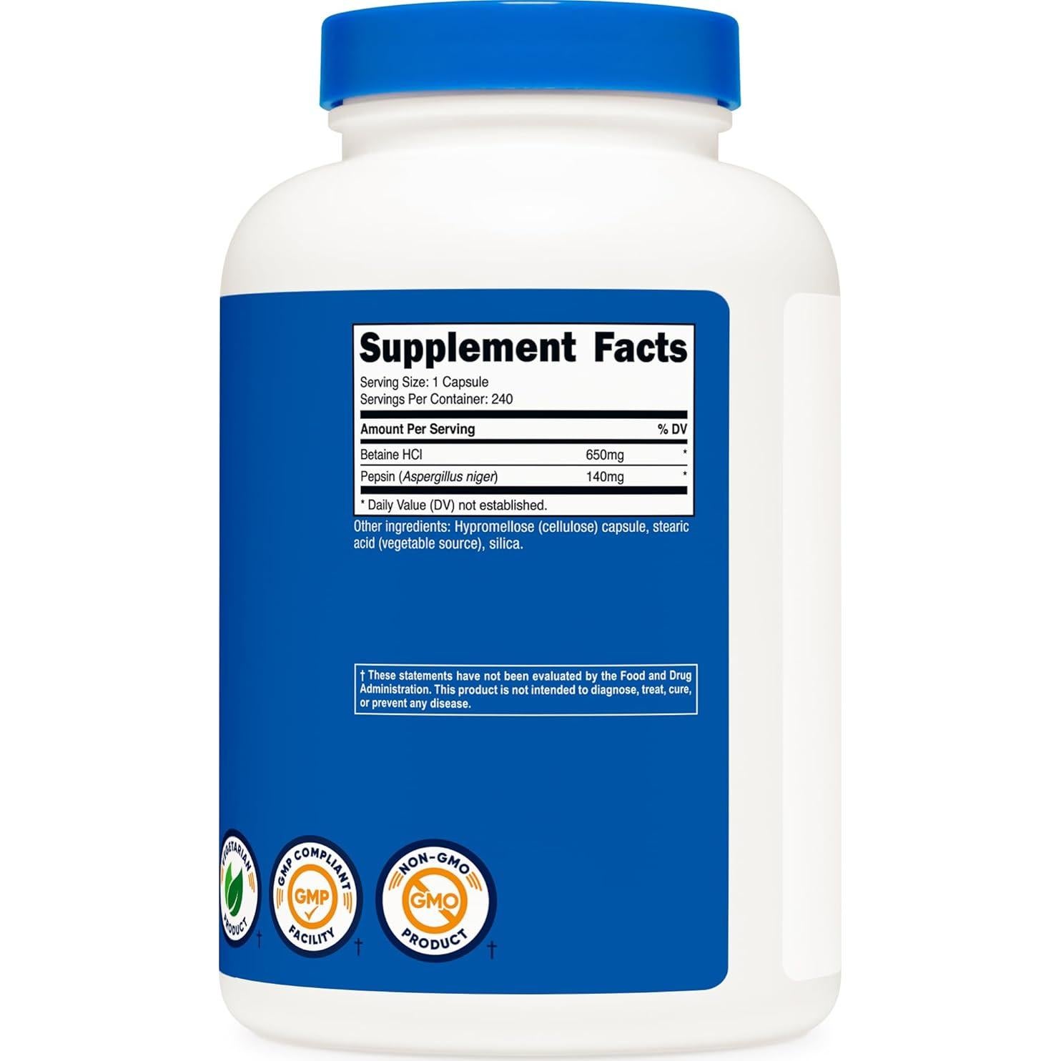 Nutricost Betaína HCl + Pepsina 790mg - 240 Cápsulas Vegetales