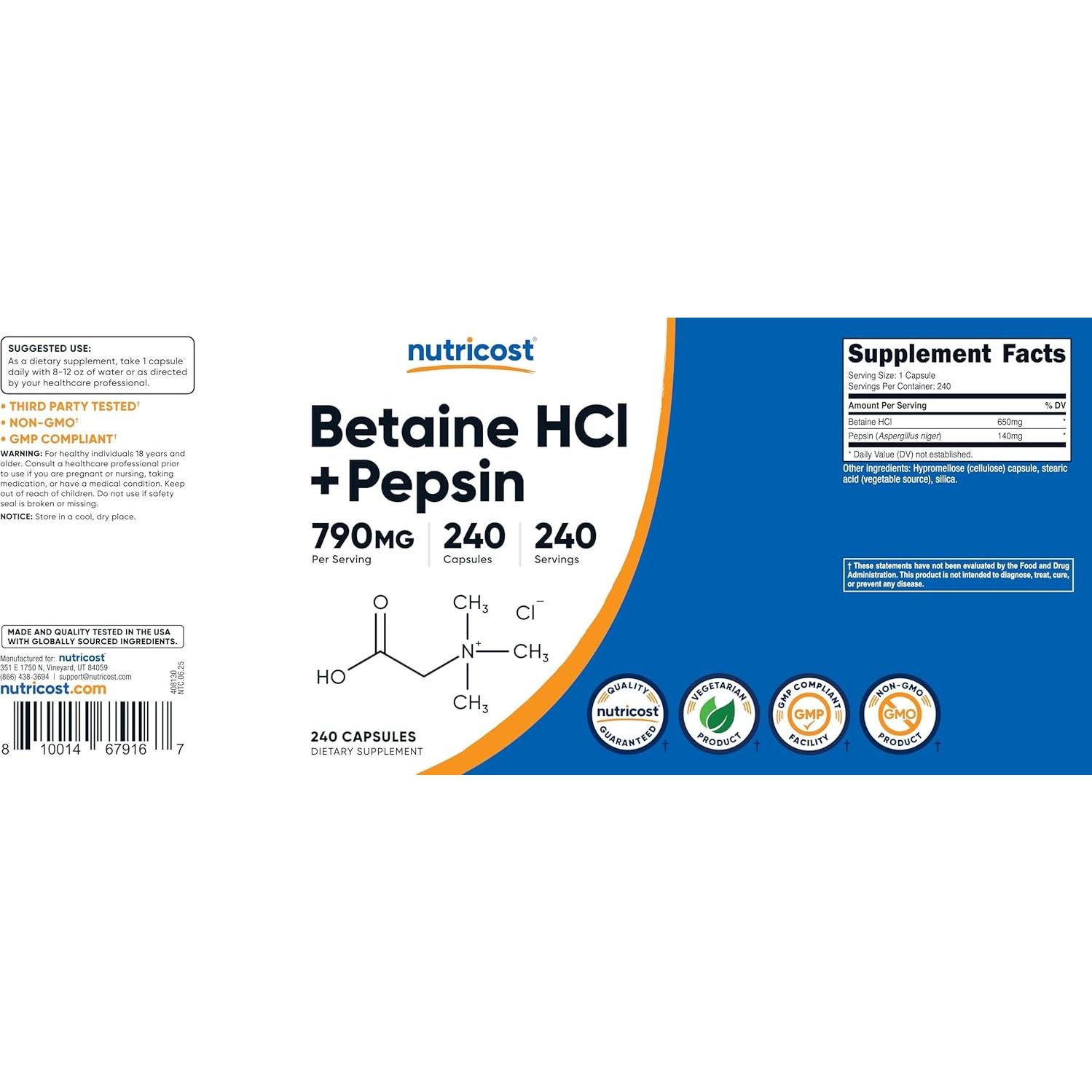 Nutricost Betaína HCl + Pepsina 790mg - 240 Cápsulas Vegetales