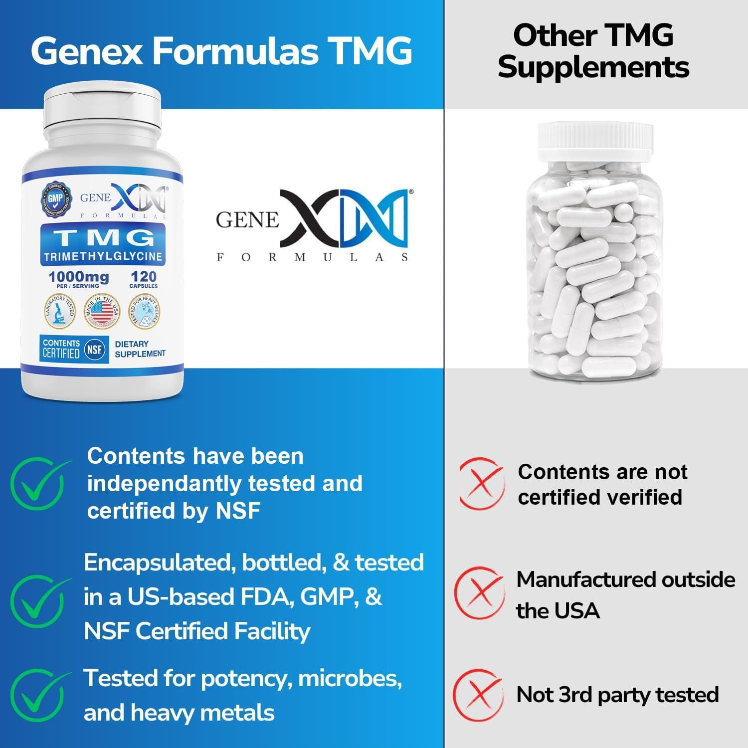 Suplemento TMG Genex Formulas 1000mg 120 Cápsulas - Sin Gluten