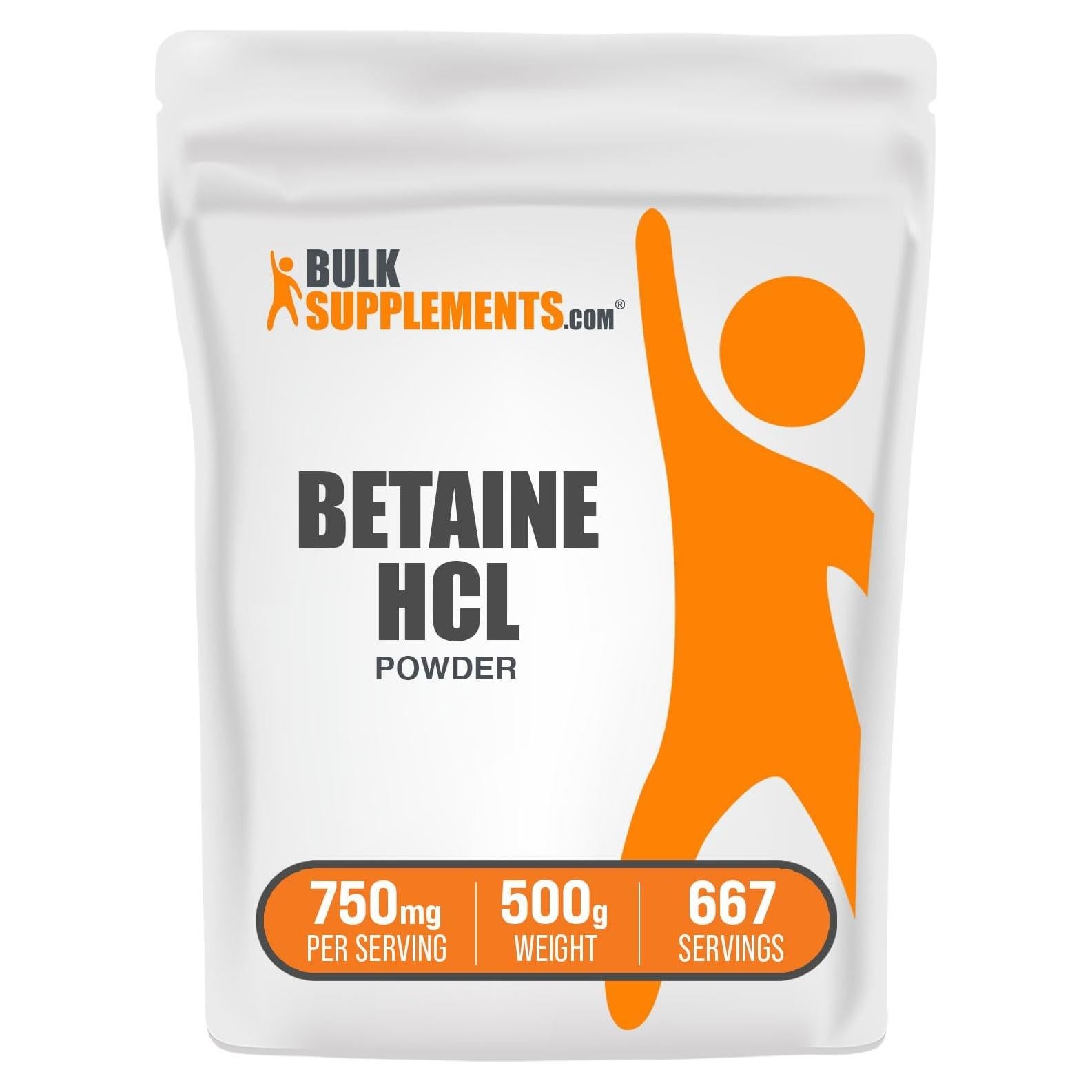 Polvo de Betaína HCl BulkSupplements 750mg 500g Suplemento