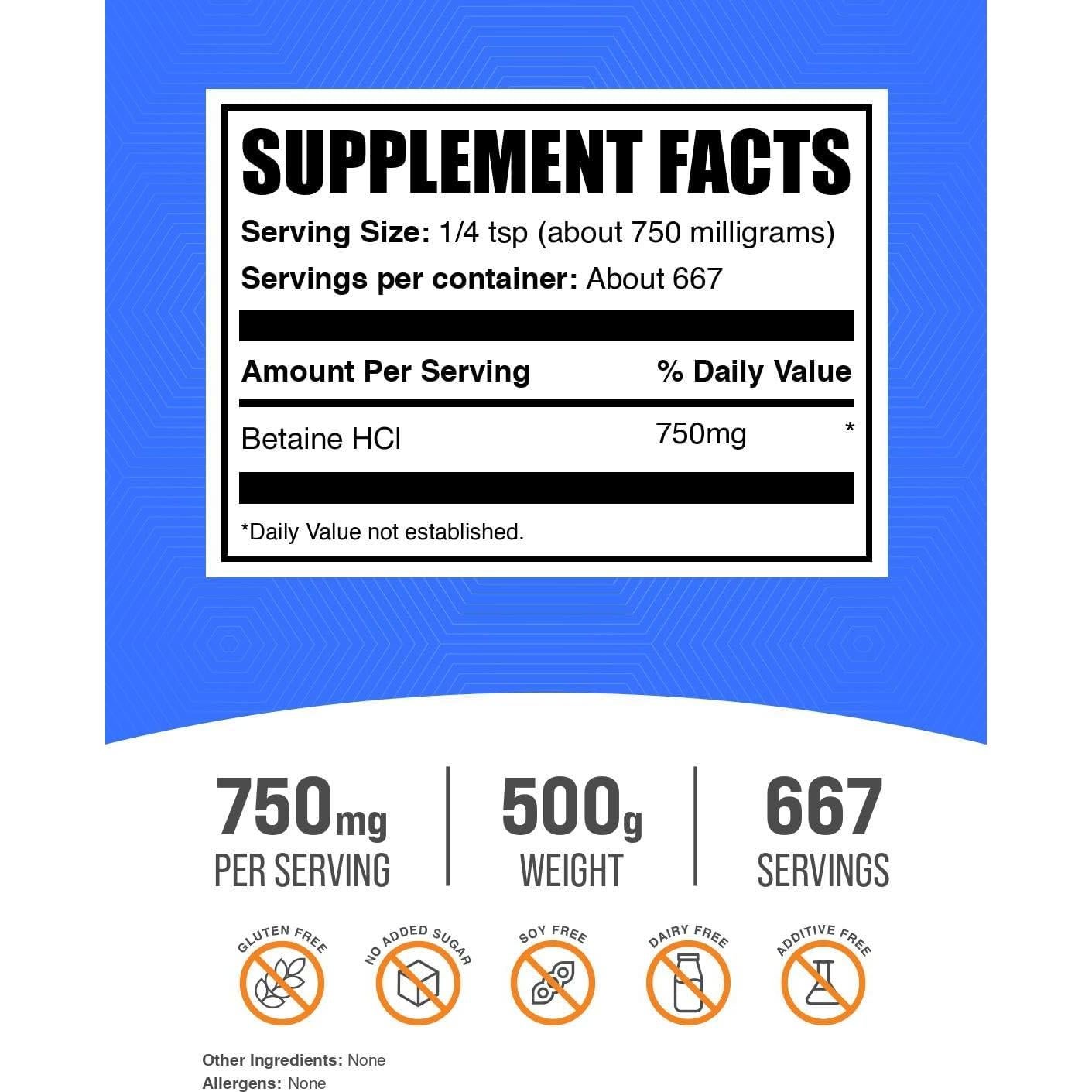 Polvo de Betaína HCl BulkSupplements 750mg 500g Suplemento