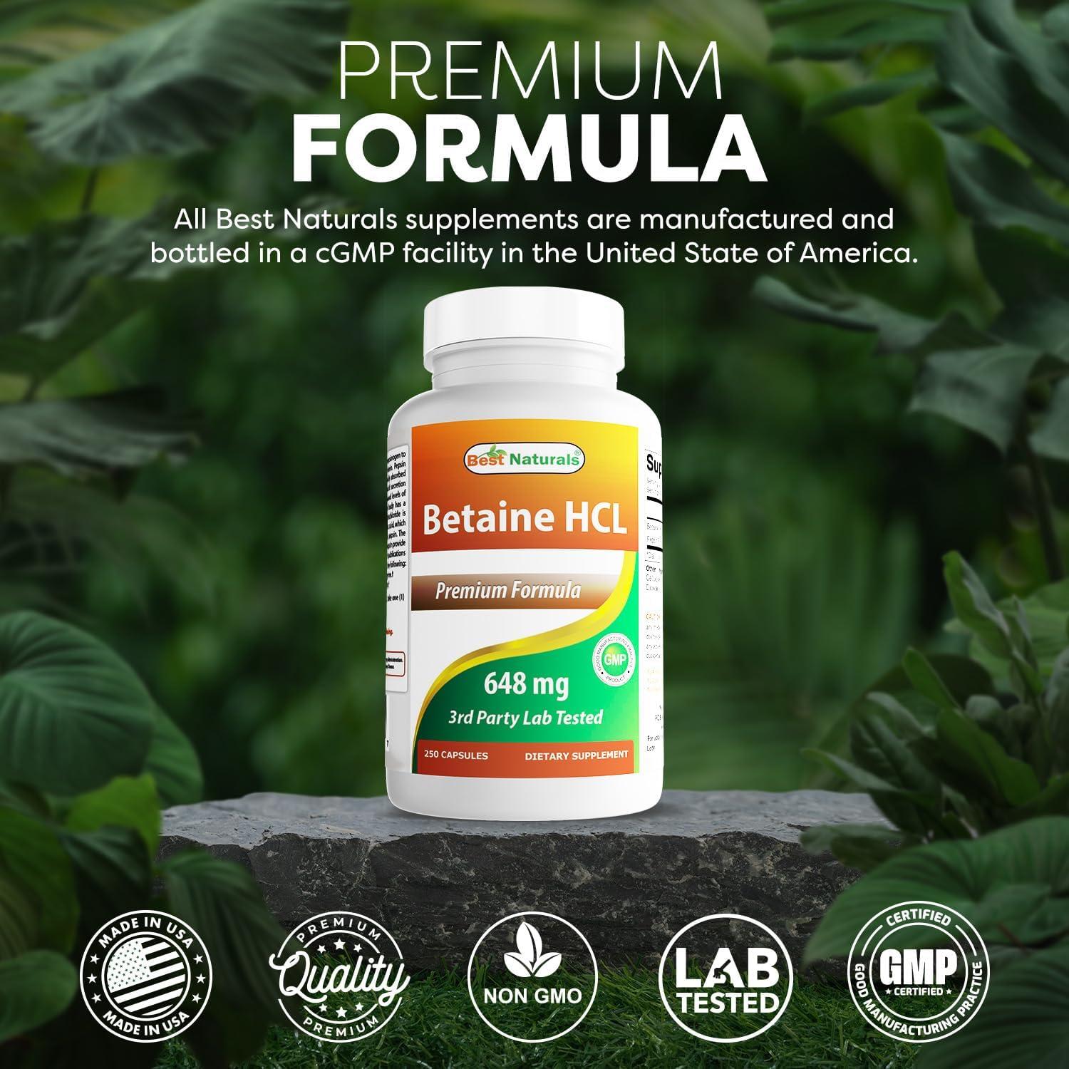 Betaína HCL 648 mg Mejores Naturales 250 Cápsulas