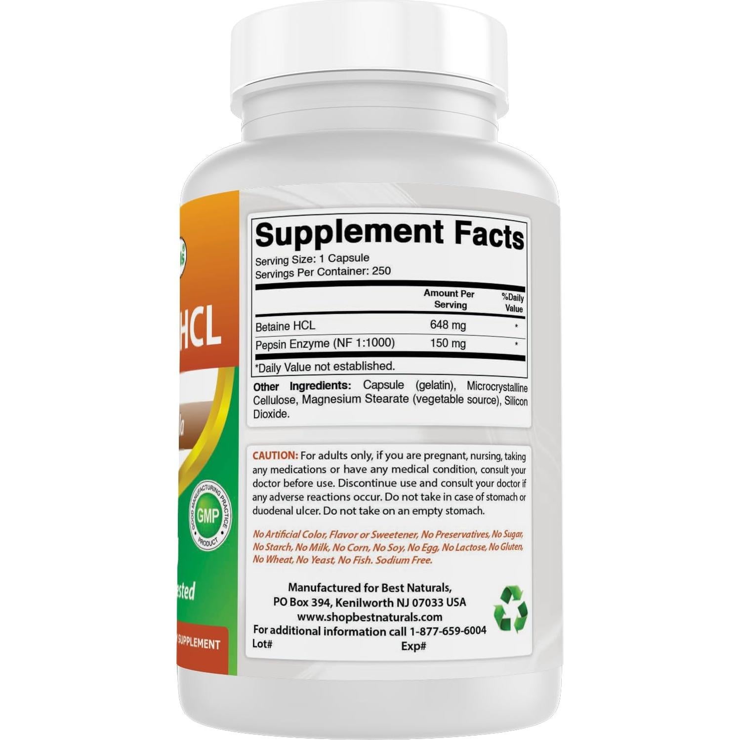 Betaína HCL 648 mg Mejores Naturales 250 Cápsulas