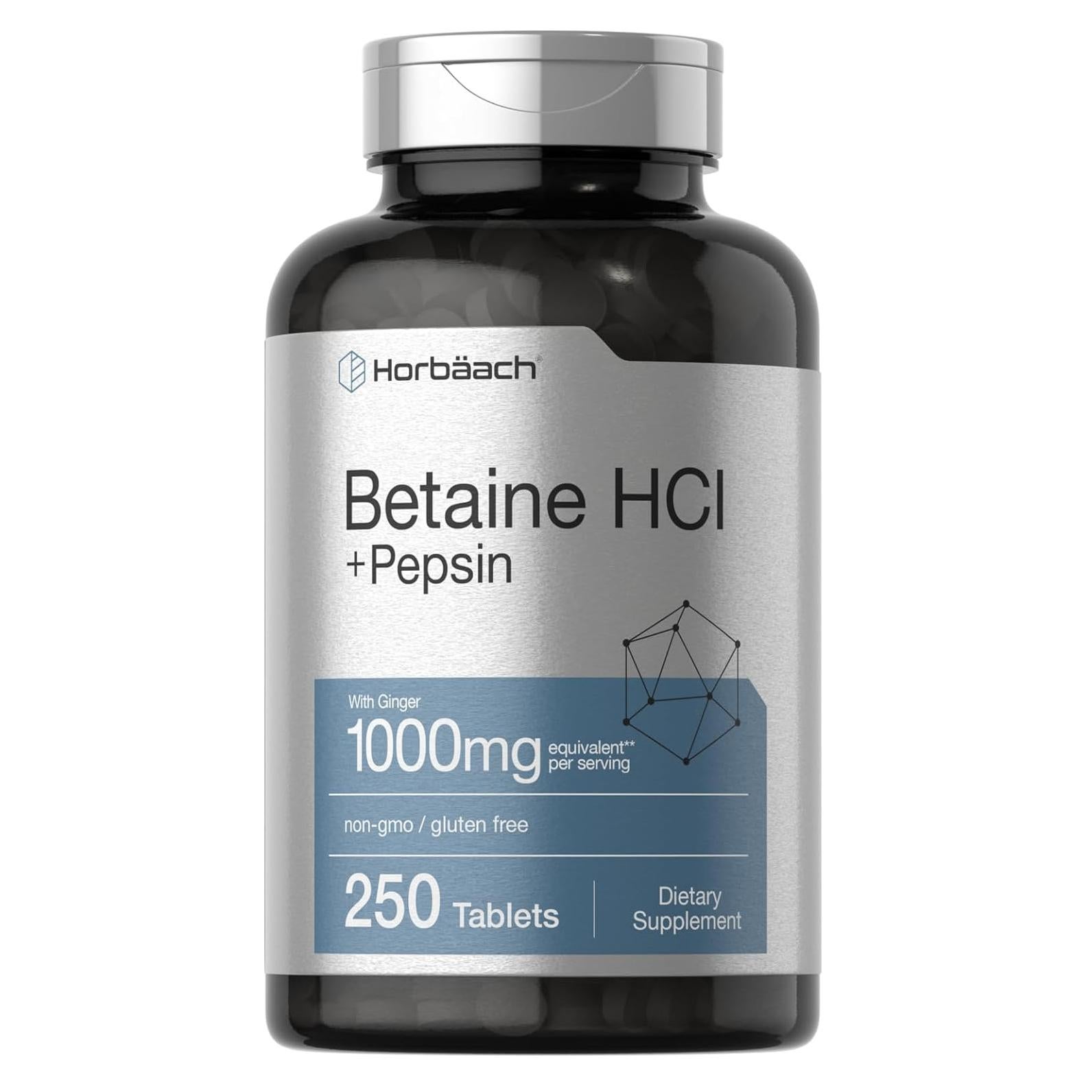 Betaína HCl Horbäach 1000mg con Pepsina y Jengibre 250 Tabletas