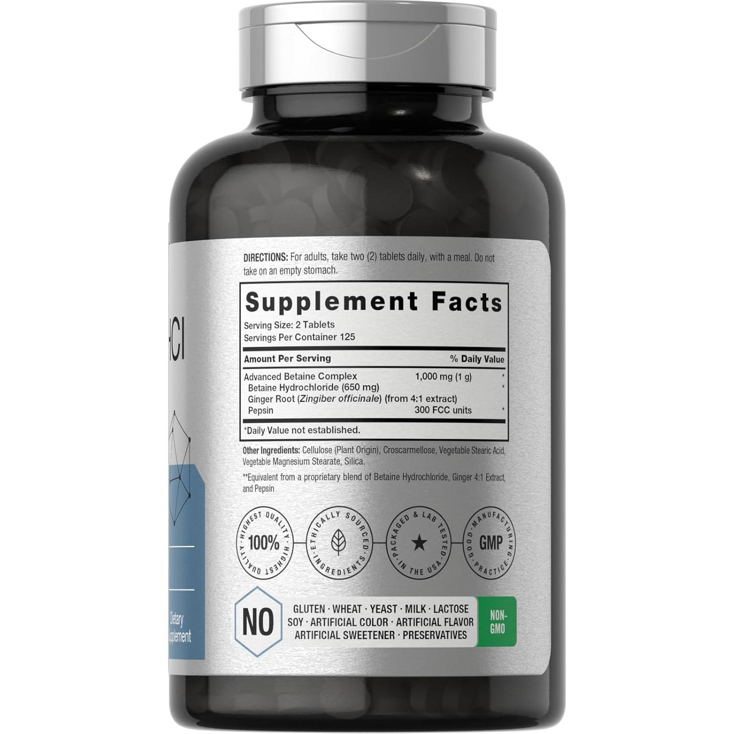 Betaína HCl Horbäach 1000mg con Pepsina y Jengibre 250 Tabletas