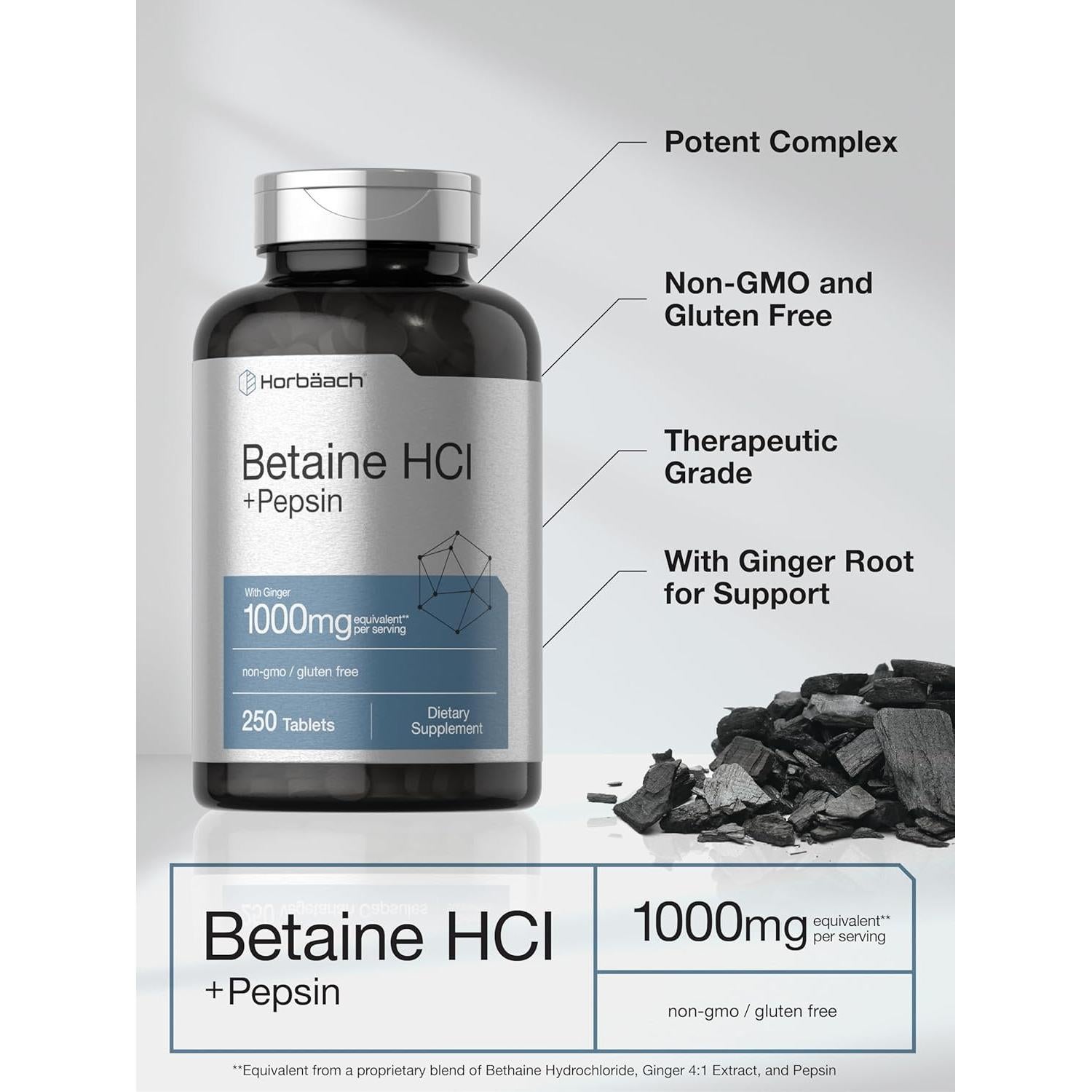 Betaína HCl Horbäach 1000mg con Pepsina y Jengibre 250 Tabletas