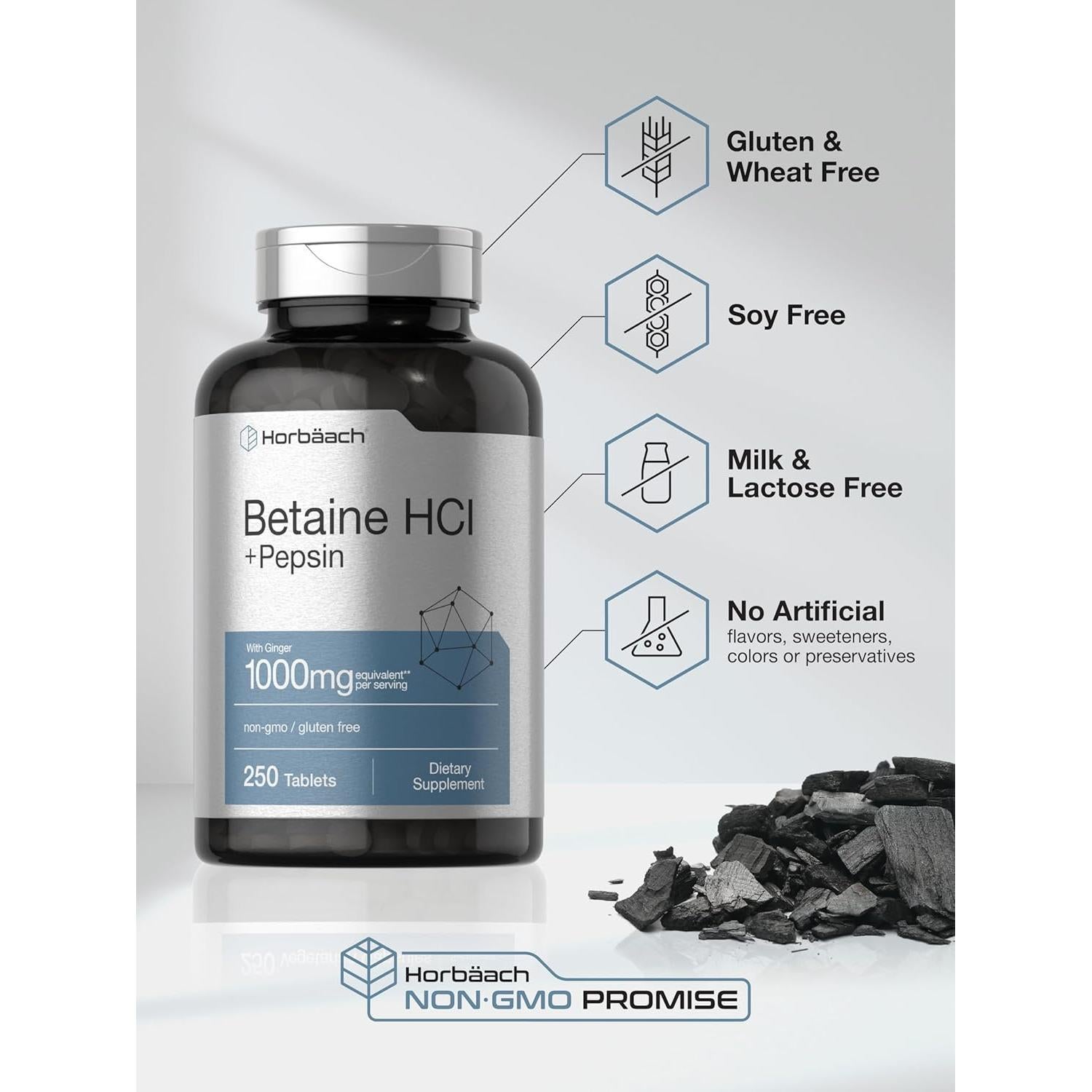 Betaína HCl Horbäach 1000mg con Pepsina y Jengibre 250 Tabletas