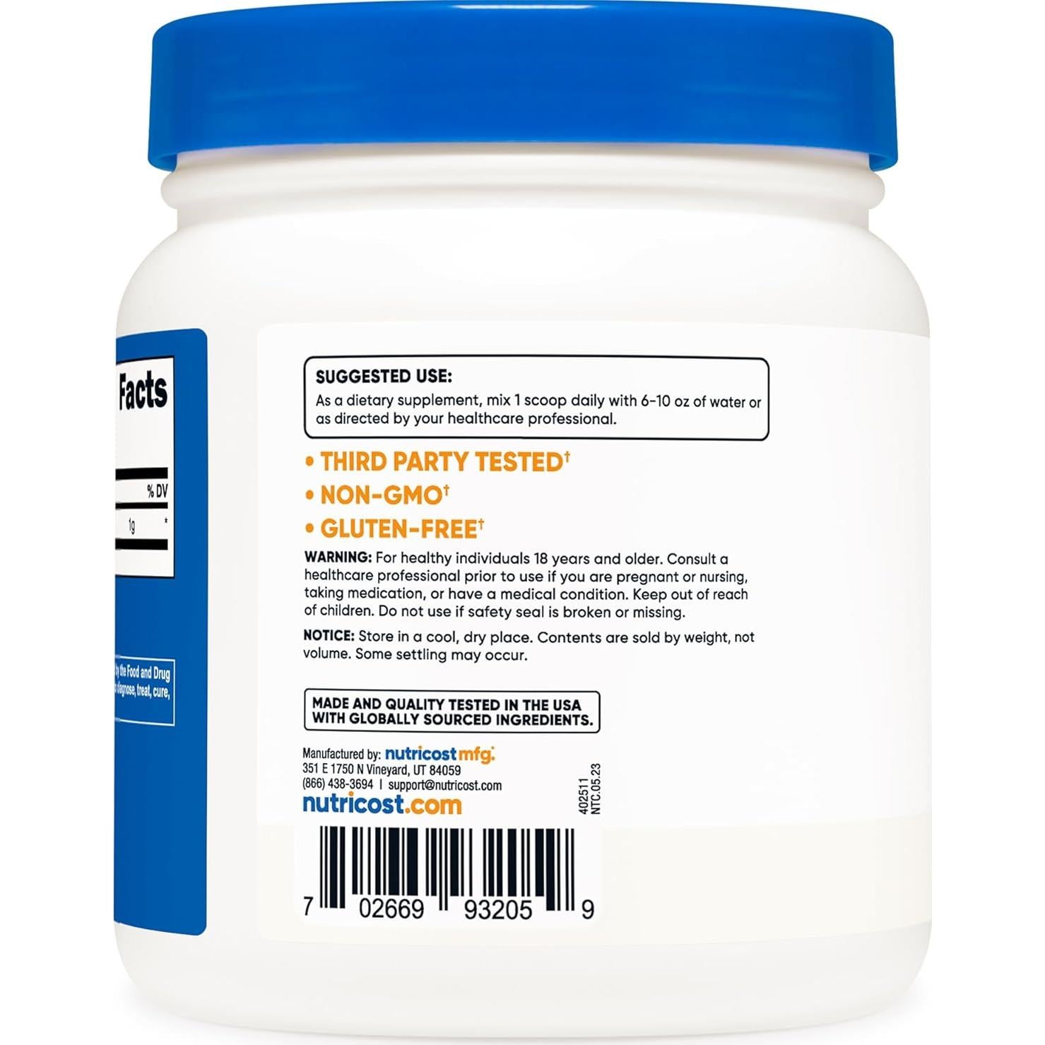 Betaína HCl en Polvo Nutricost 500g - Sin Gluten, No OGM