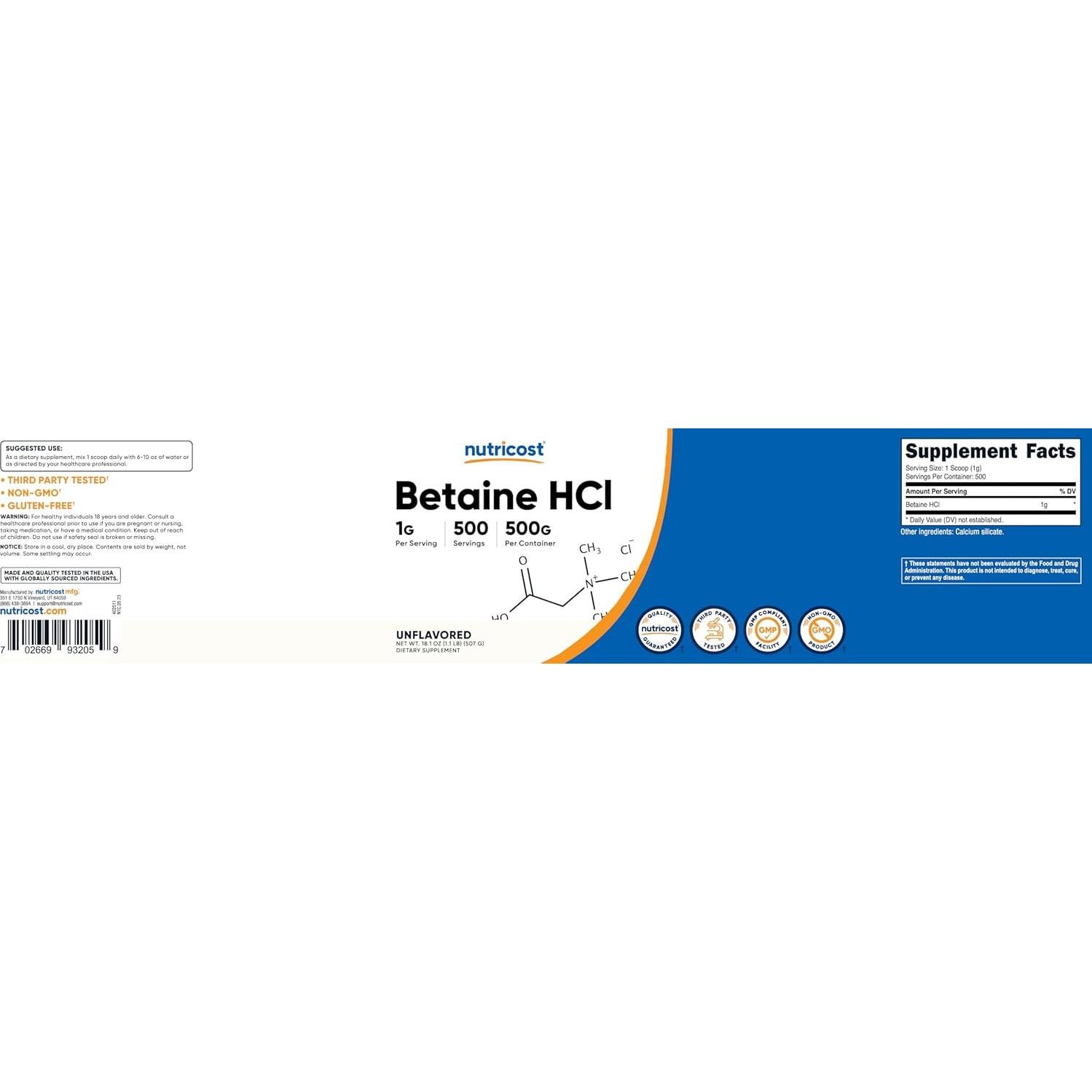 Betaína HCl en Polvo Nutricost 500g - Sin Gluten, No OGM