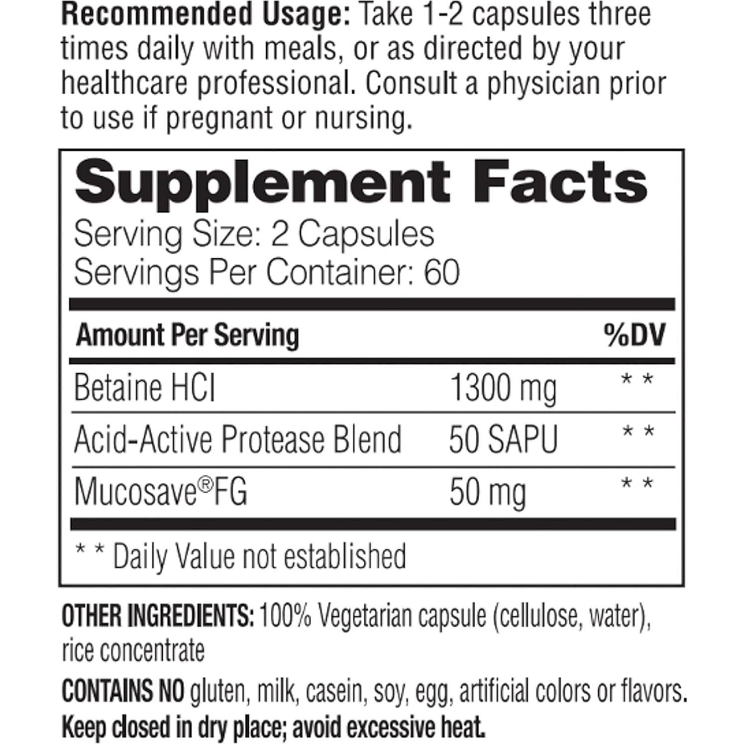 Betaína HCl Enzymedica 120 Cápsulas Veganas para Acidez