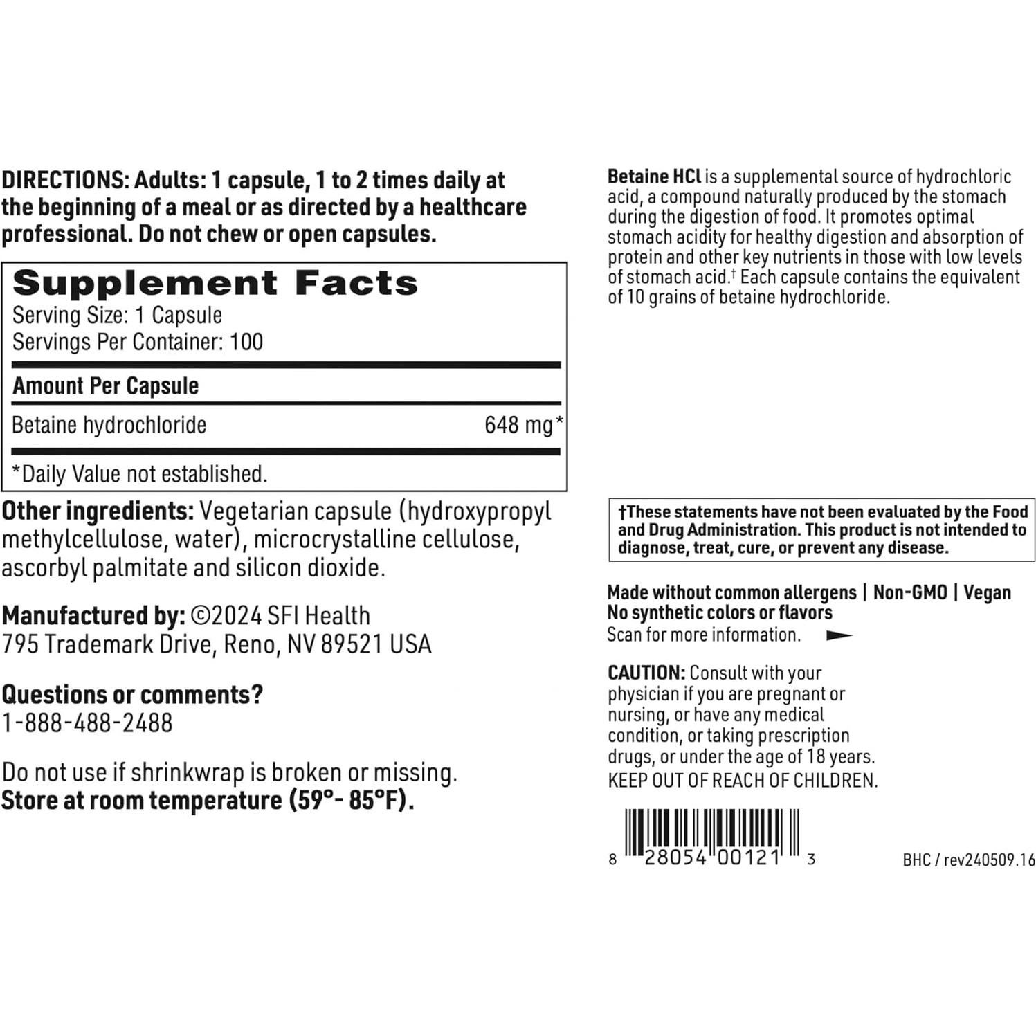 Suplemento Hipoalergénico Klaire Labs Betaína HCl 648mg 100 Cápsulas
