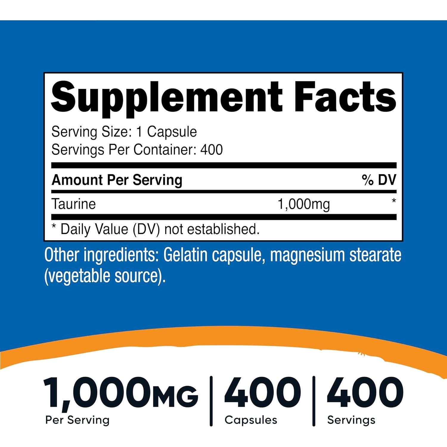 Taurina 1000mg Nutricost - 400 Cápsulas Sin Gluten