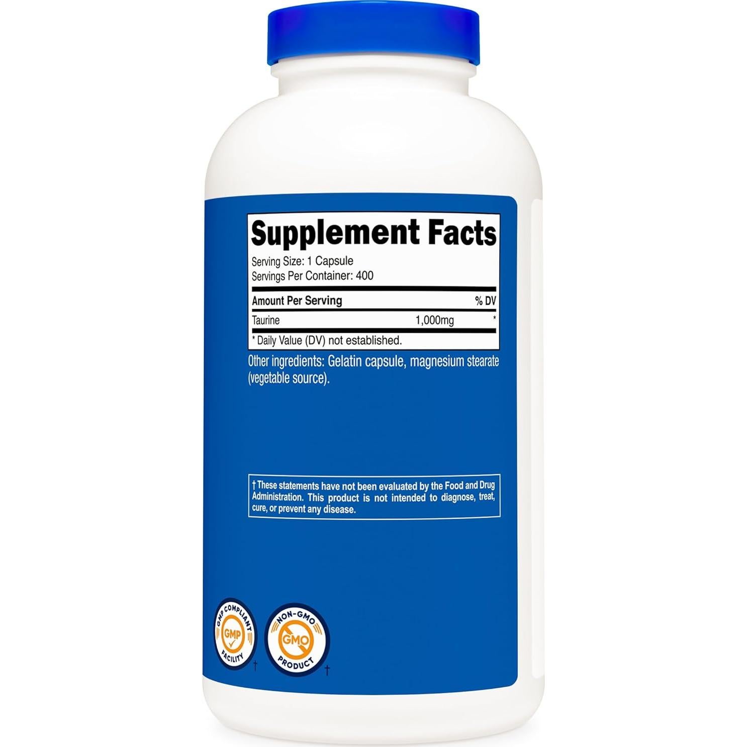 Taurina 1000mg Nutricost - 400 Cápsulas Sin Gluten