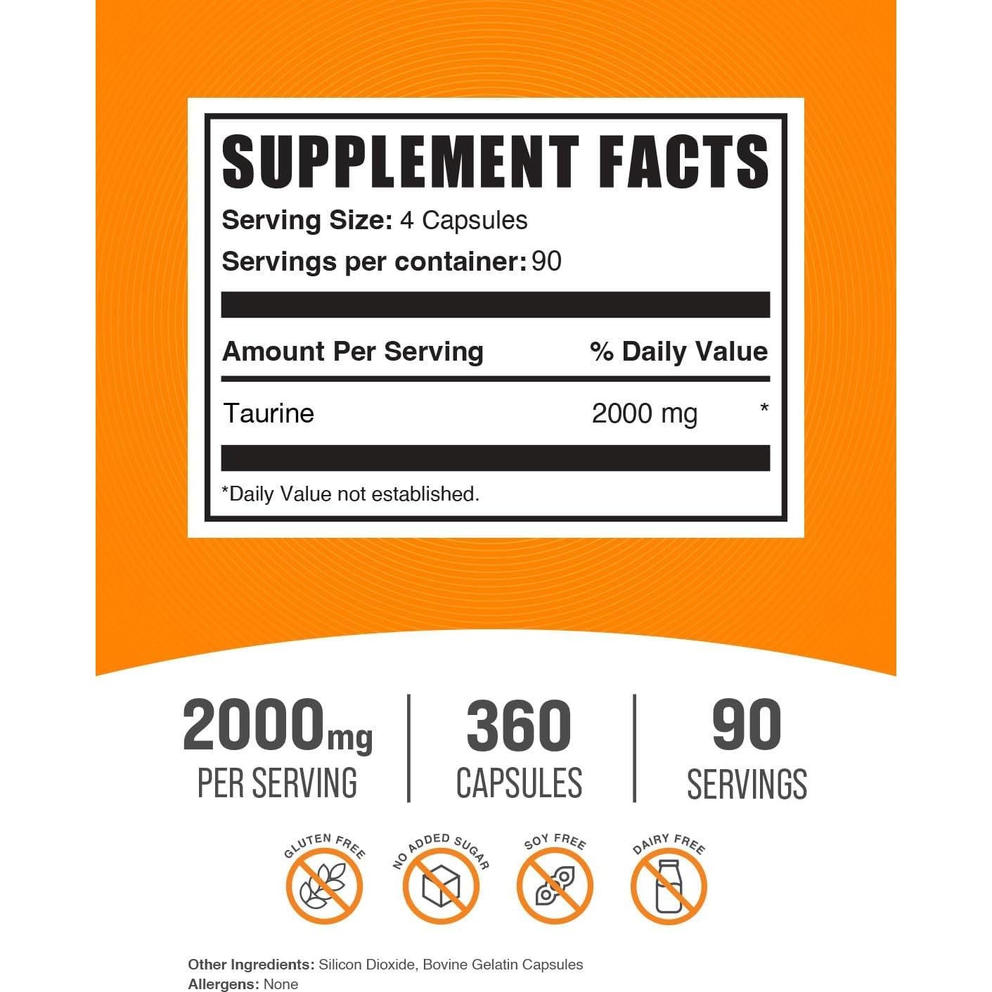 Cápsulas de Taurina BulkSupplements 2000mg - 360 Unidades