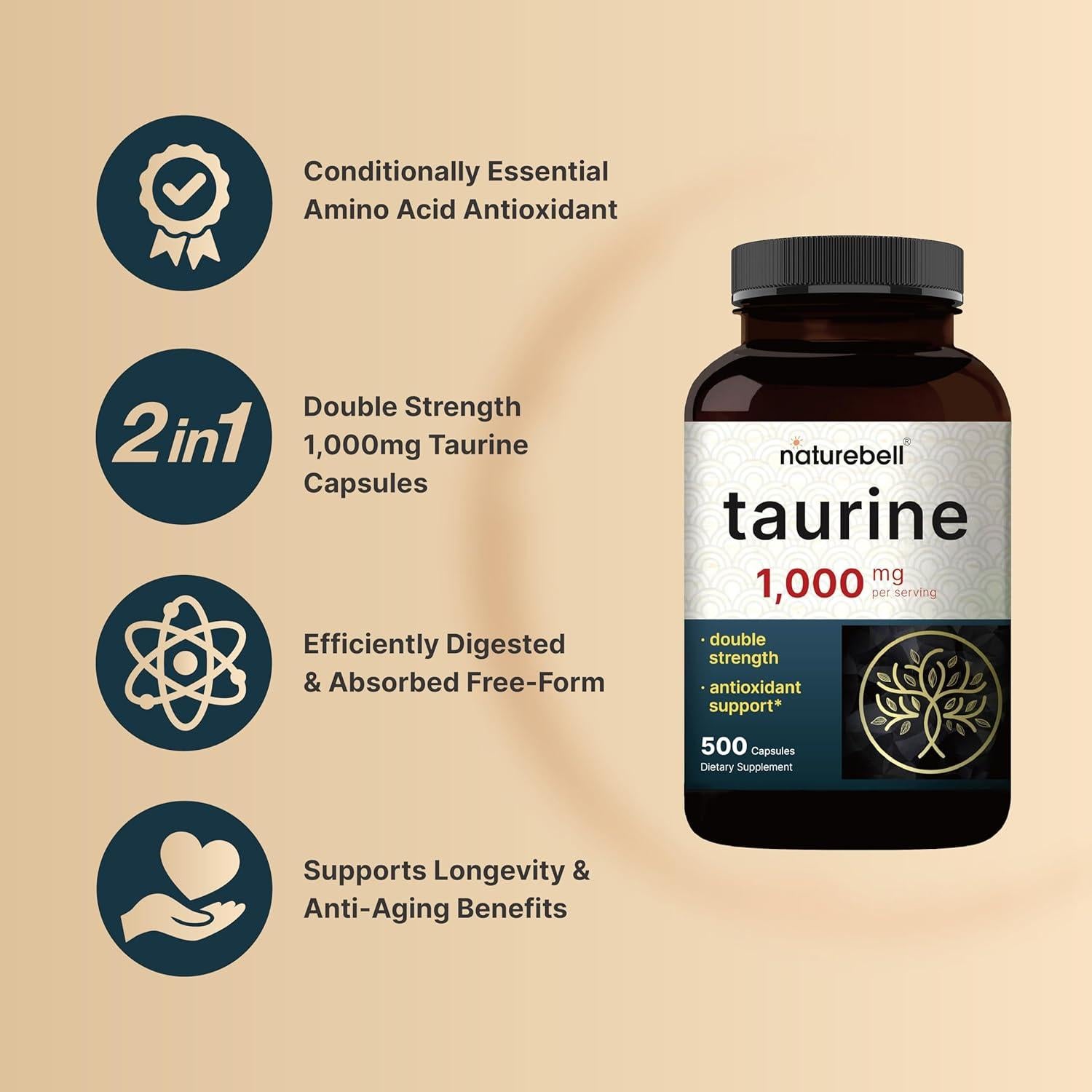 Suplemento de Taurina NatureBell 1000mg 500 Cápsulas Antioxidante