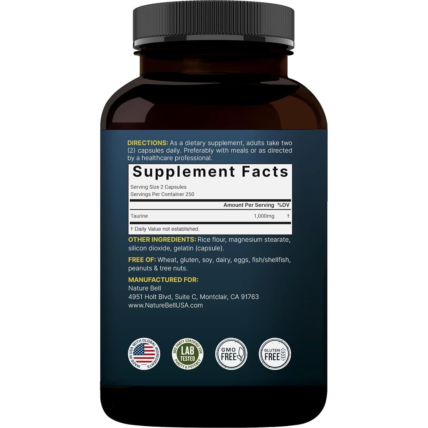 Suplemento de Taurina NatureBell 1000mg 500 Cápsulas Antioxidante