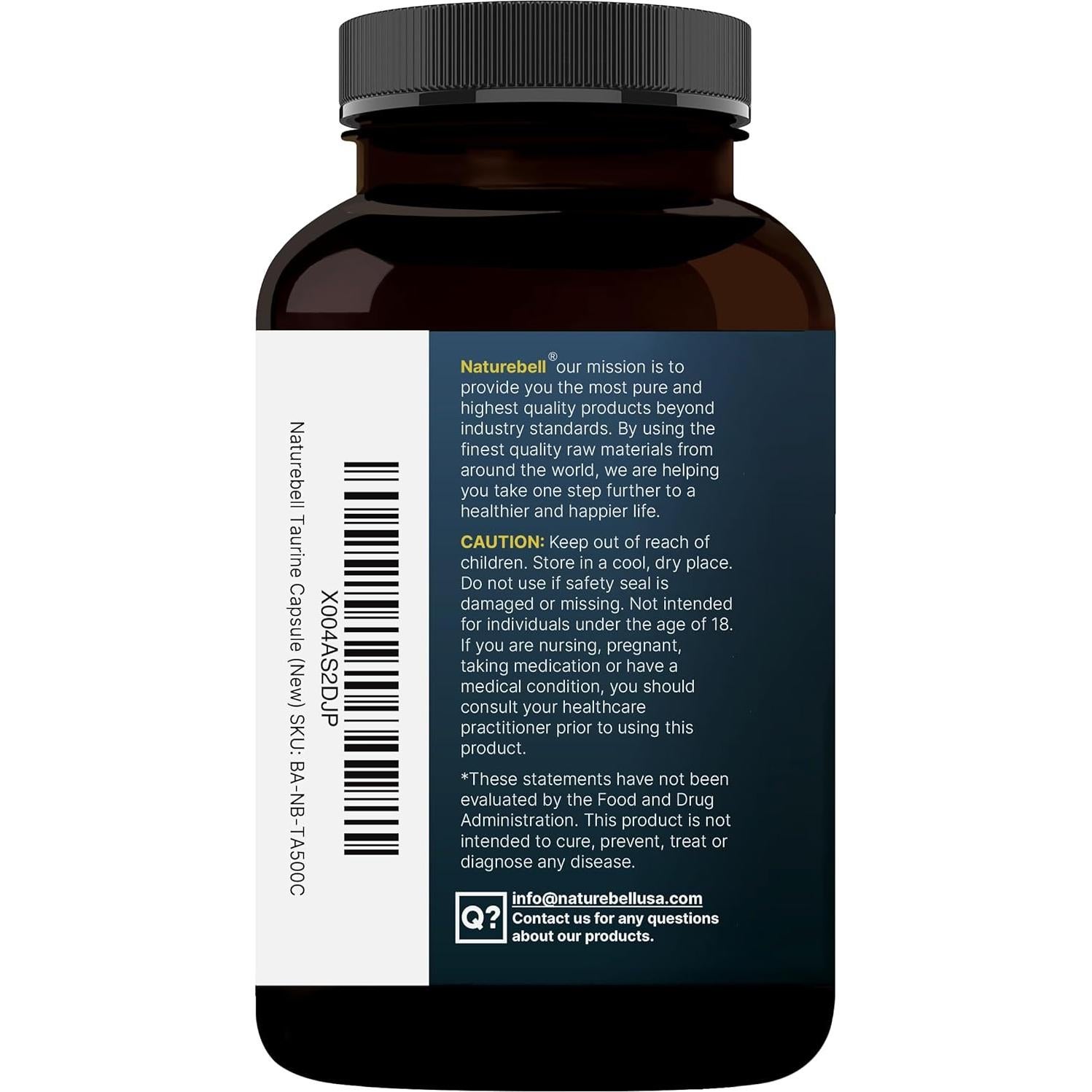Suplemento de Taurina NatureBell 1000mg 500 Cápsulas Antioxidante