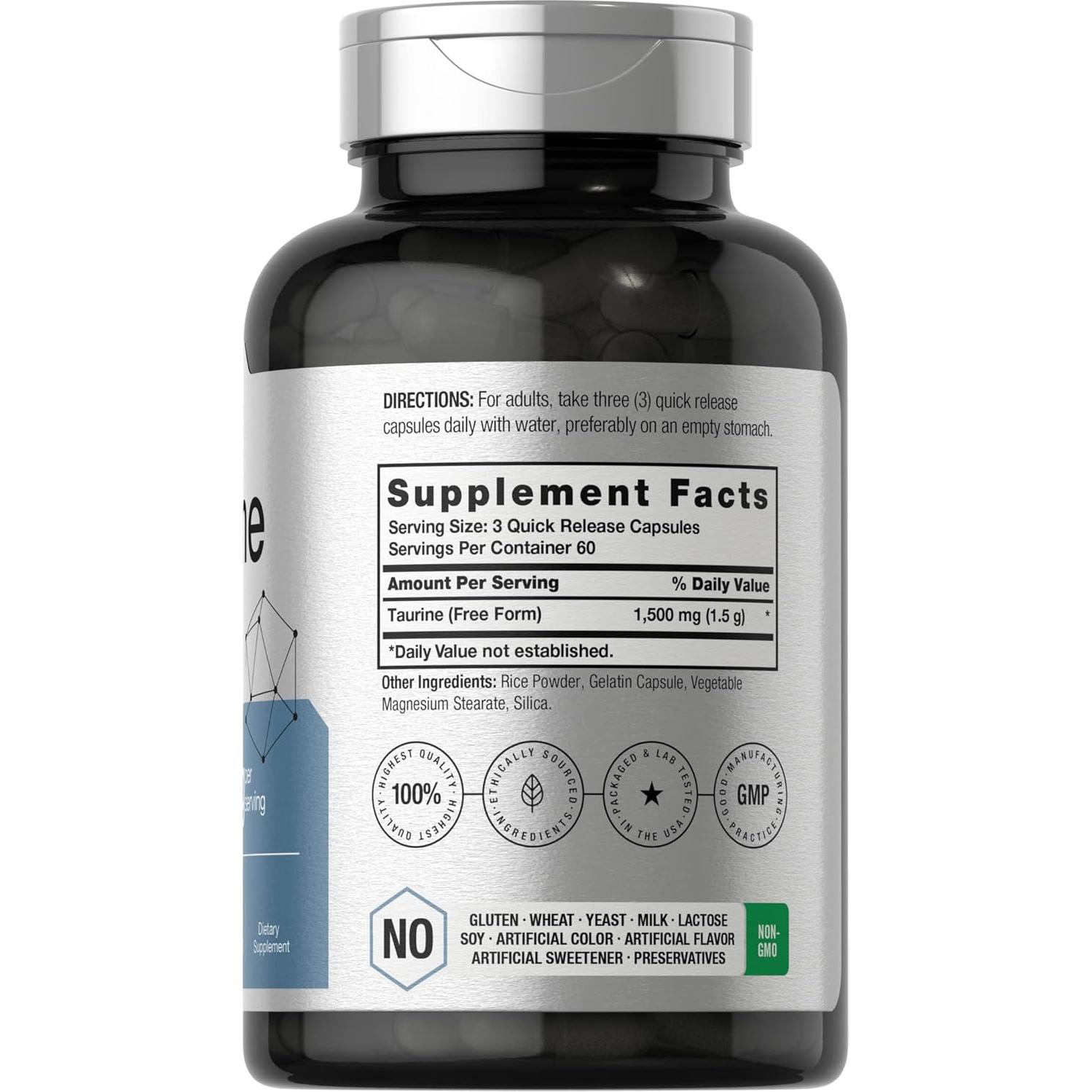 Suplemento de Taurina Horbaach 1500mg 180 Cápsulas Sin Gluten