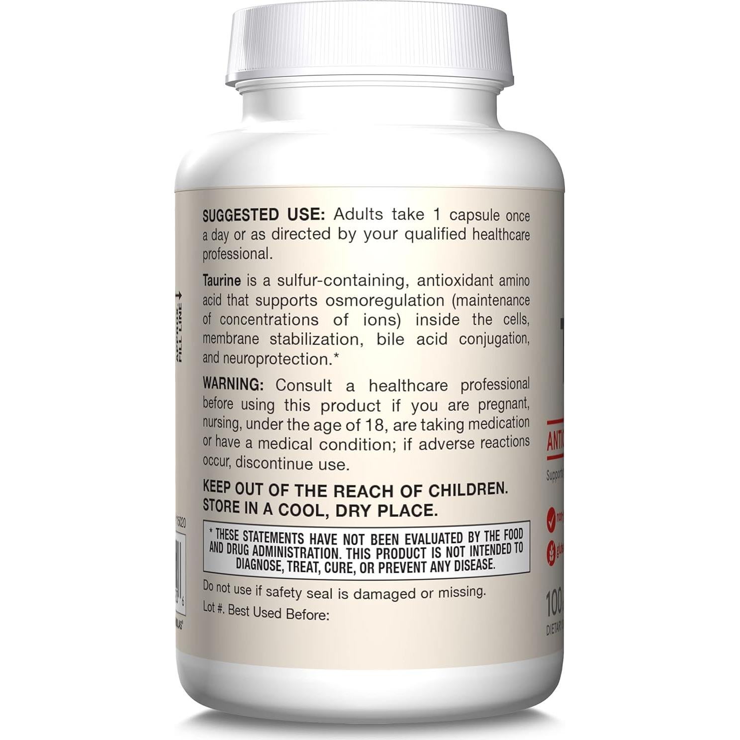 Suplemento de Taurina 1000 mg Jarrow Formulas 100 Cápsulas