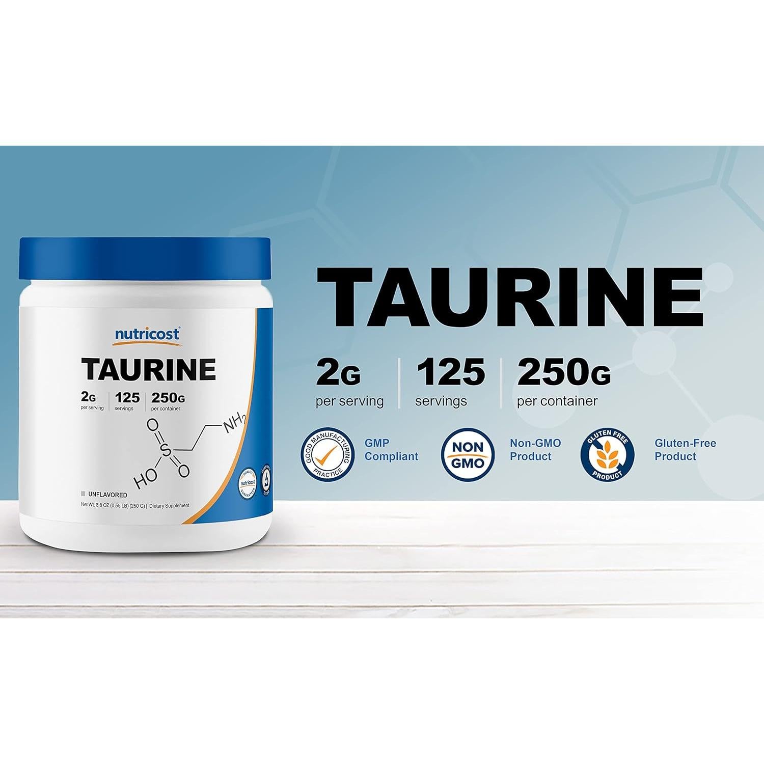 Polvo de Taurina Nutricost 250g - 125 Porciones de 2000mg