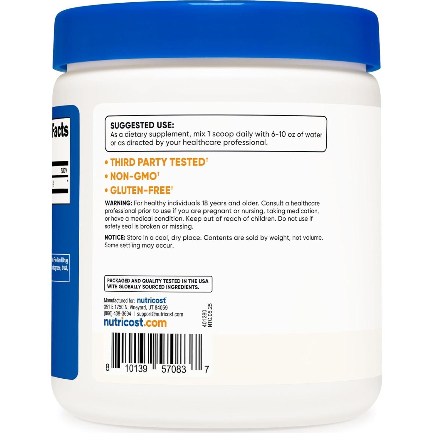 Polvo de Taurina Nutricost 250g - 125 Porciones de 2000mg