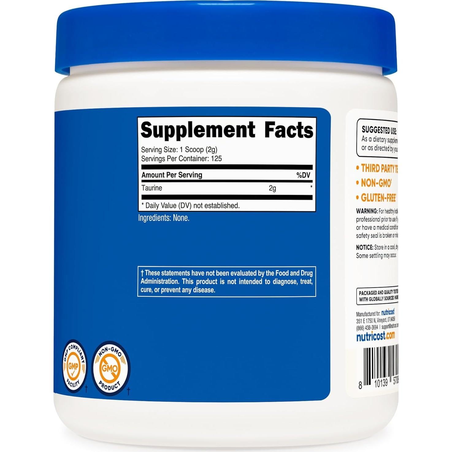 Polvo de Taurina Nutricost 250g - 125 Porciones de 2000mg