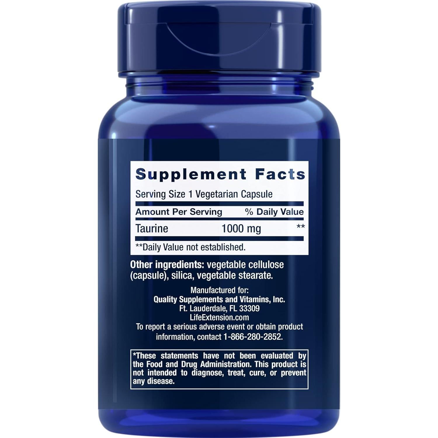 Suplemento de Taurina 1000 mg Life Extension 90 Cápsulas