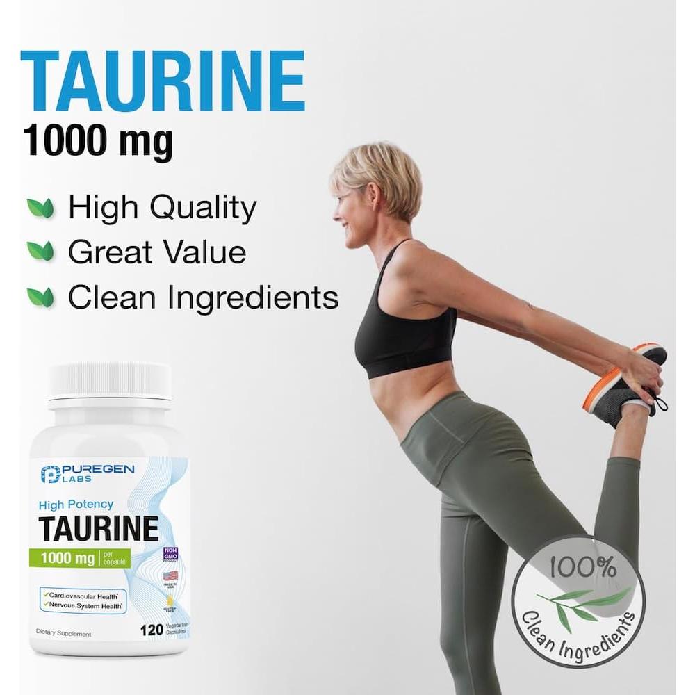 Taurina Puregen Labs 1000mg 120 Cápsulas Veganas Sin Aditivos