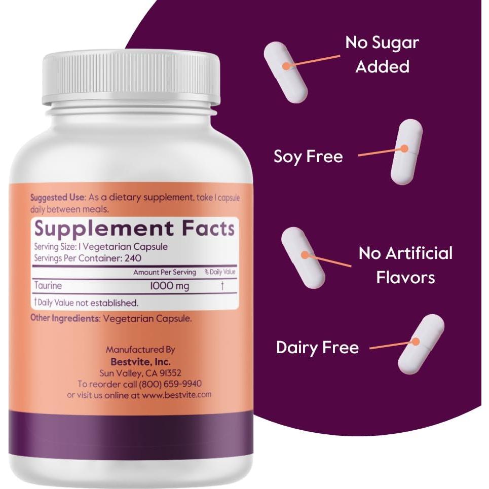 Taurina 1000mg Bestvite - 240 Cápsulas Veganas Sin Gluten