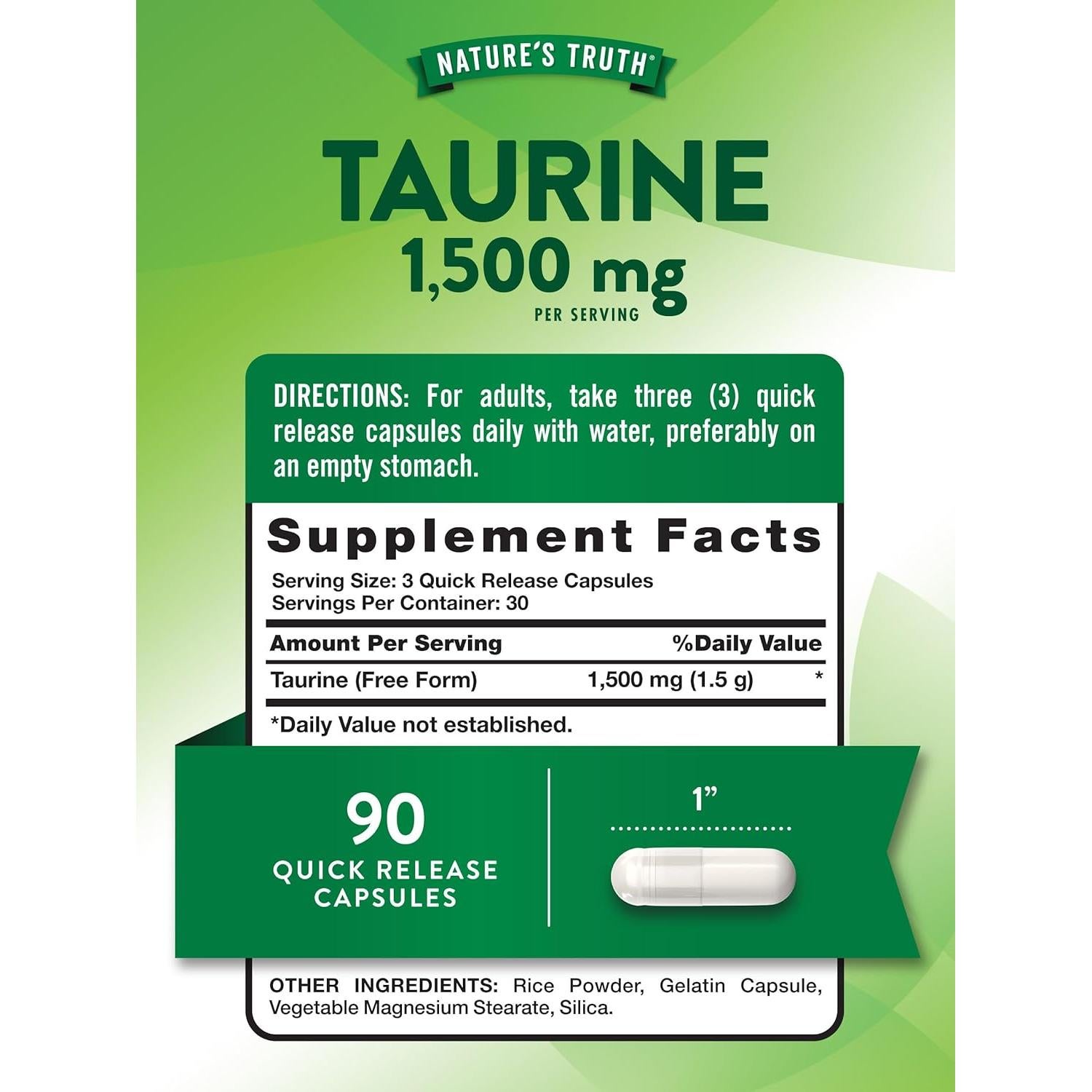 Suplemento de Taurina 1500mg La Verdad de la Naturaleza 90 Cápsulas