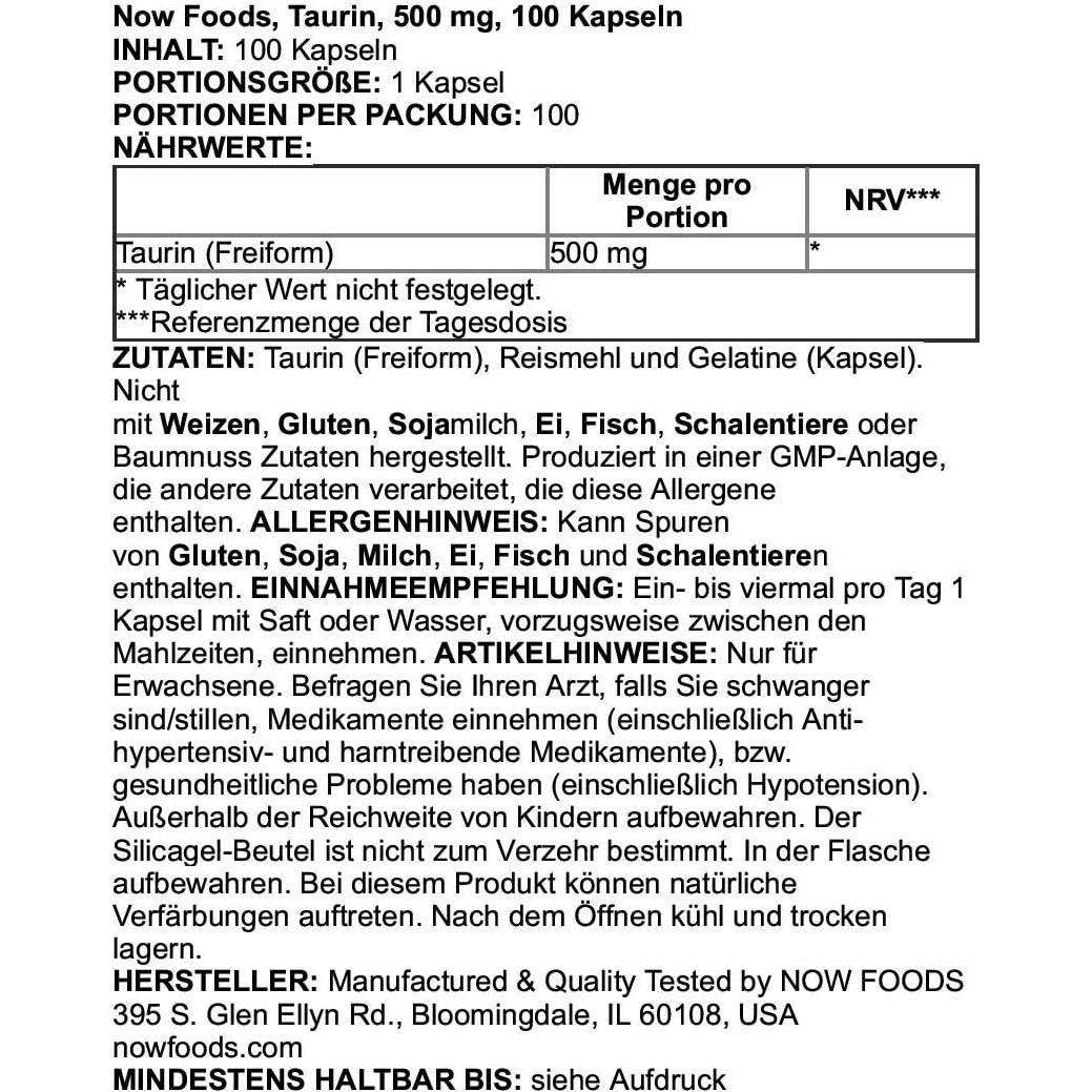 Cápsulas de Taurina 500mg NOW FOODS - 100 Unidades