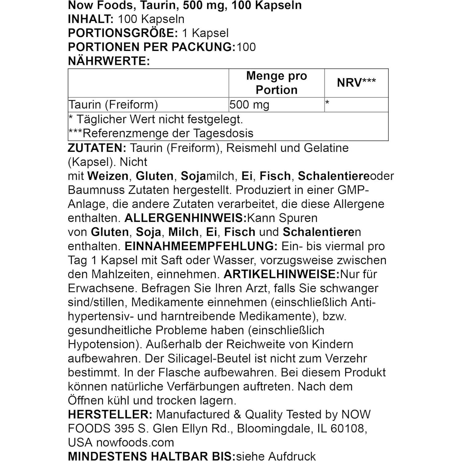 Cápsulas de Taurina 500mg NOW FOODS - 100 Unidades