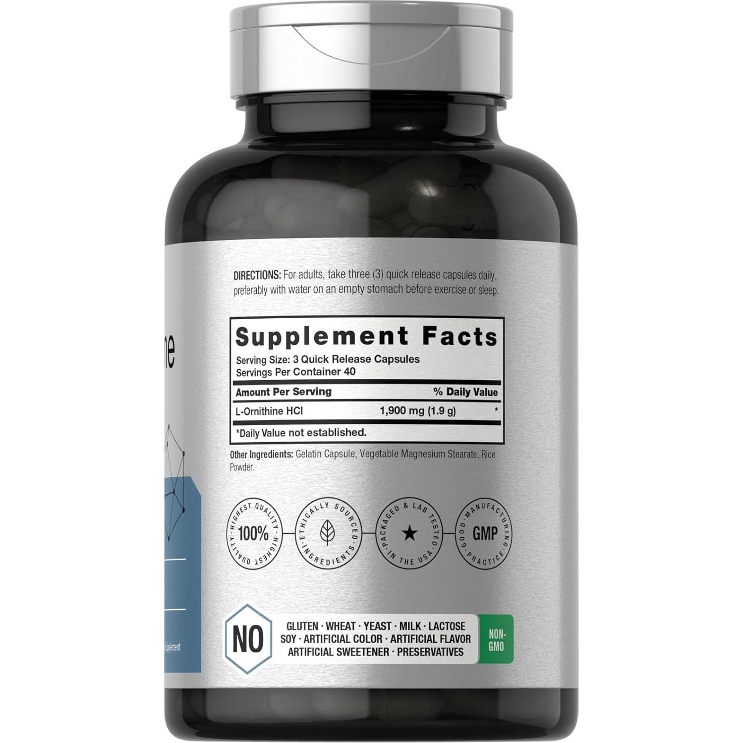 Suplemento L-Ornithine HCl Horbäach 1900mg 120 Cápsulas