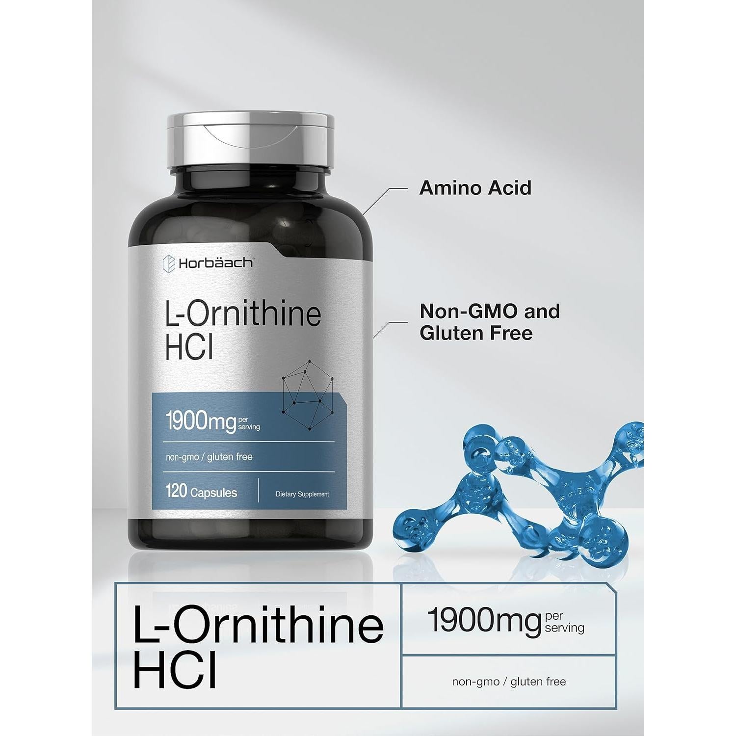Suplemento L-Ornithine HCl Horbäach 1900mg 120 Cápsulas
