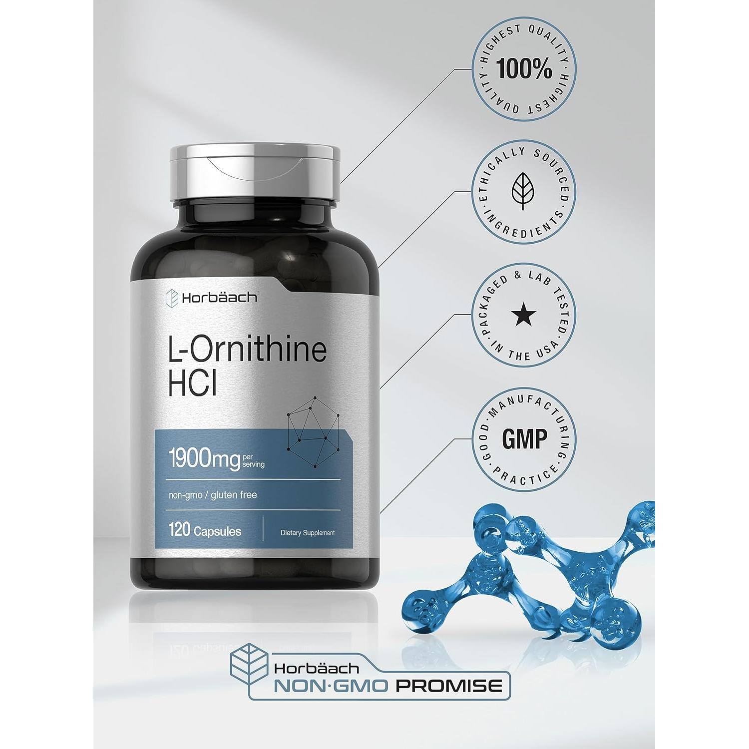 Suplemento L-Ornithine HCl Horbäach 1900mg 120 Cápsulas