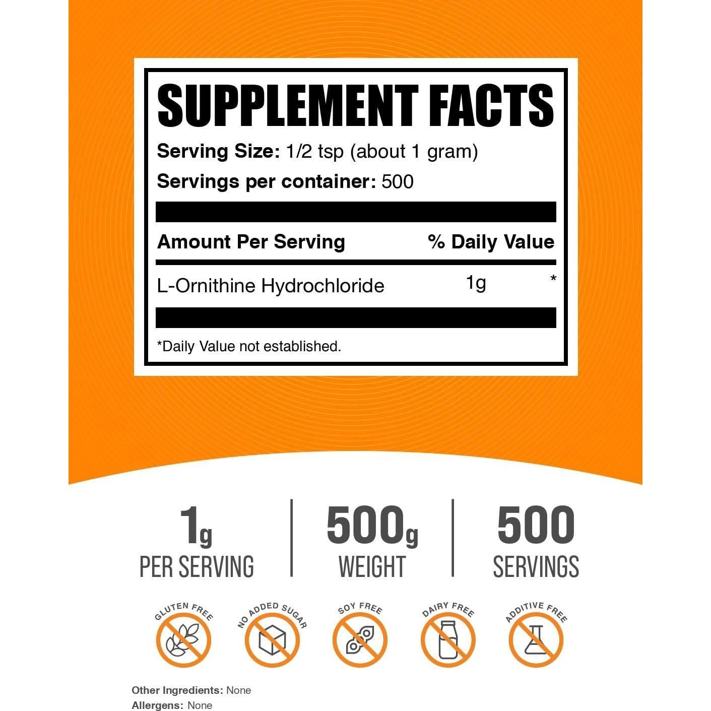 L-Ornitina HCl BulkSupplements 500g - Suplemento Aminoácidos