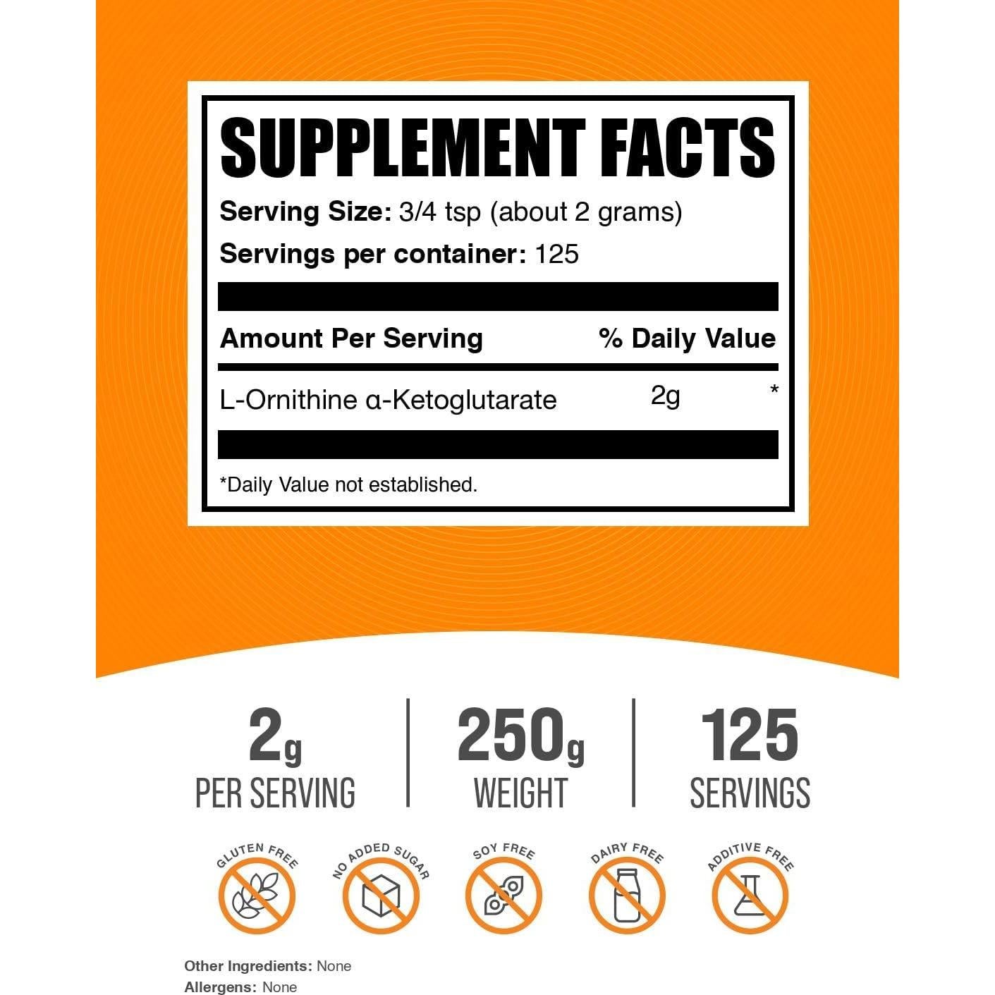 L-Ornitina Alfa-Cetoglutarato BulkSupplements 250g - Suplemento Sin Gluten