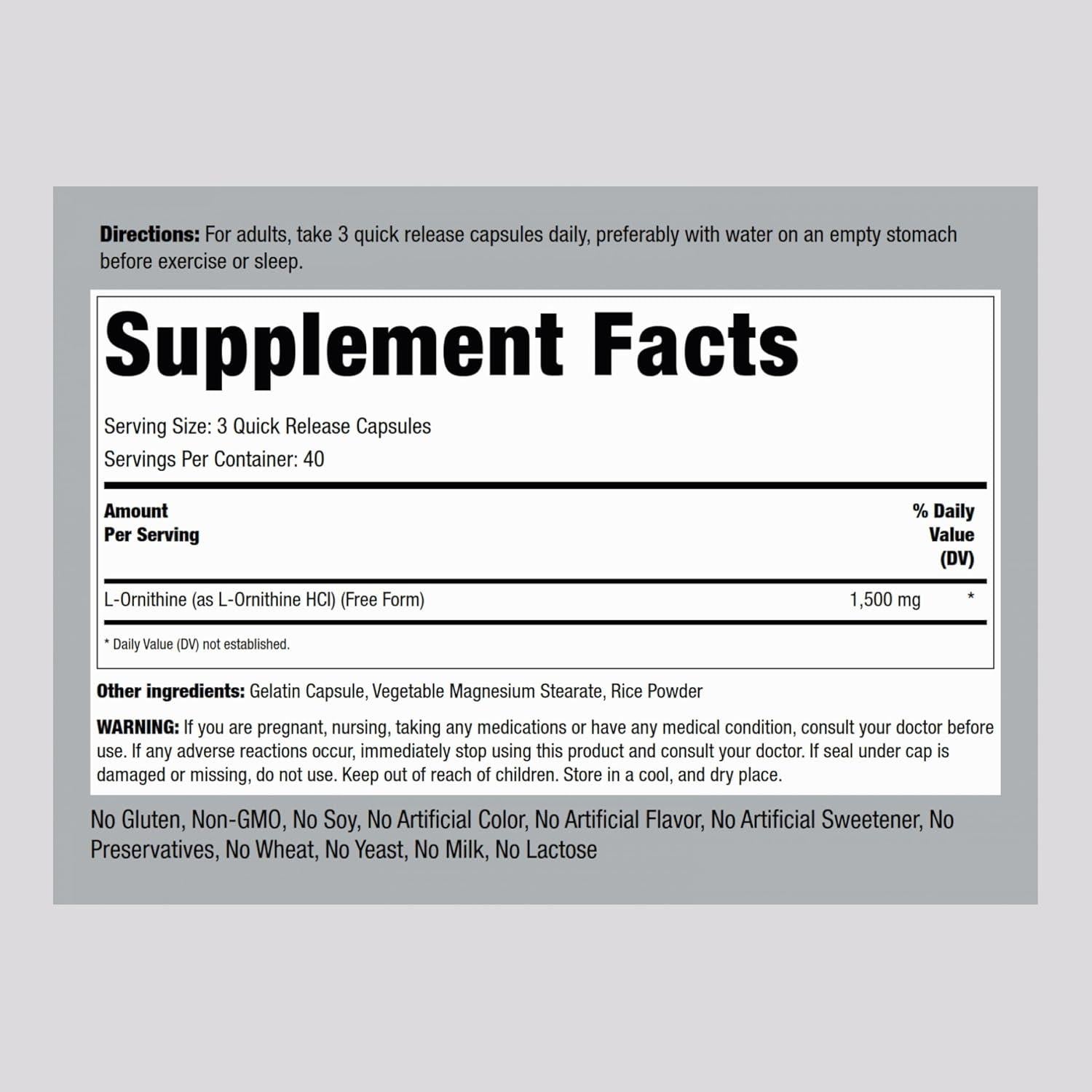 Suplemento L-Ornitina Piping Rock 1500 mg 120 Cápsulas No OGM
