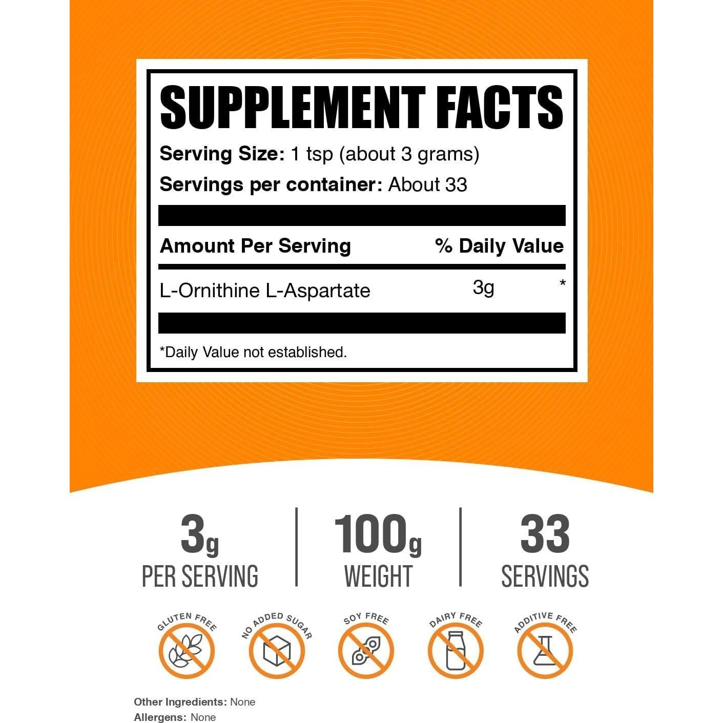 L-Ornitina L-Aspartato en Polvo BulkSupplements 100g - Suplemento Aminoácidos