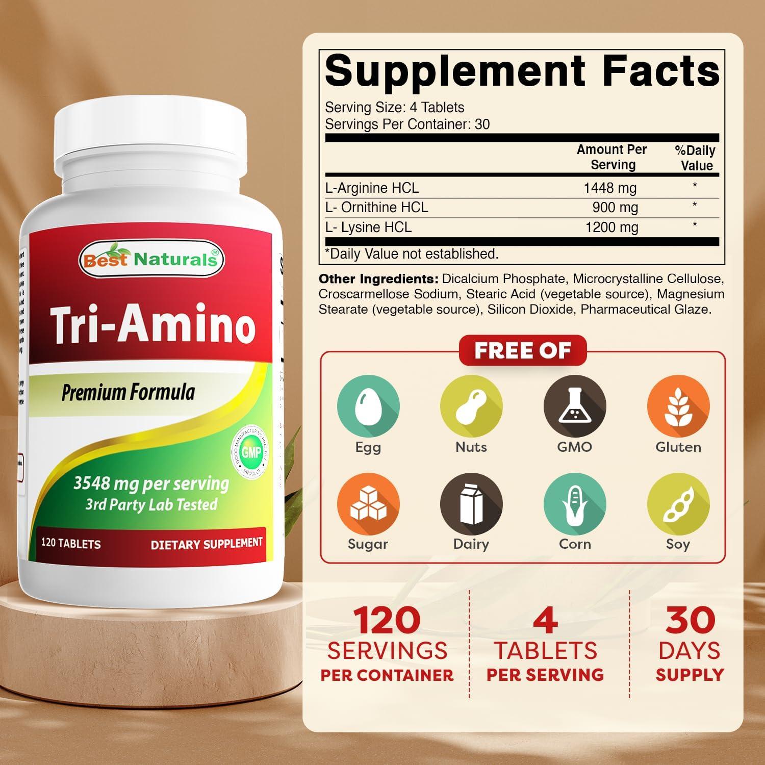 Tri-Amino Mejores Naturales 120 Tabletas L-Arginina, L-Lisina